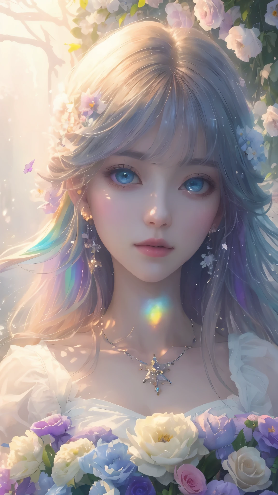 (high quality, 8k), (soft light), Rainbow-colored, one girl, detailed face, fine eyes, watercolor paiting, so magical and dreamy, dreamy and detailed, dreamy atmosphereとドラマ, gorgeous atmosphere, fantastic beautiful lighting, dreamy atmosphere, beautiful atmosphere, dreamy romantic, fantastic dreamy theme, magical atmosphere, beautiful atmosphere, anime background art, magical atmosphere + table top, dreamy aesthetics, Beautiful details with atmosphere, lots of flowers, bubble, water, flower garden