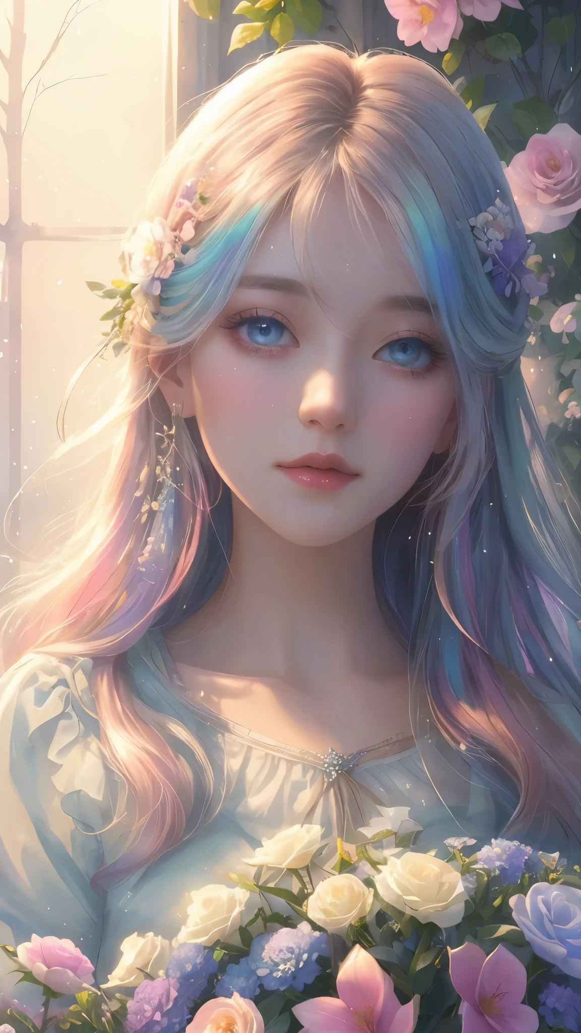 (high quality, 8k), (soft light), Rainbow-colored, one girl, detailed face, fine eyes, watercolor paiting,  so magical and dreamy, dreamy and detailed, dreamy atmosphereとドラマ, gorgeous atmosphere, fantastic beautiful lighting, dreamy atmosphere, beautiful atmosphere, dreamy romantic, fantastic dreamy theme, magical atmosphere, beautiful atmosphere, anime background art, magical atmosphere + table top, dreamy aesthetics, Beautiful details with atmosphere, lots of flowers, bubble, water, flower garden