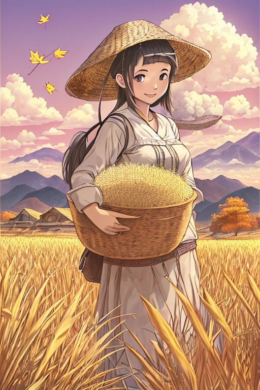 Japanese countryside scenery、A woman is in the rice field、A woman holds a bundle of rice with both hands、smile、Himiko、anatomically correct、Golden fields spread out all over、The ground of the rice field is dry。Fully ripened golden ears of rice、Mountains with autumn leaves in the distance、clear autumn sky、