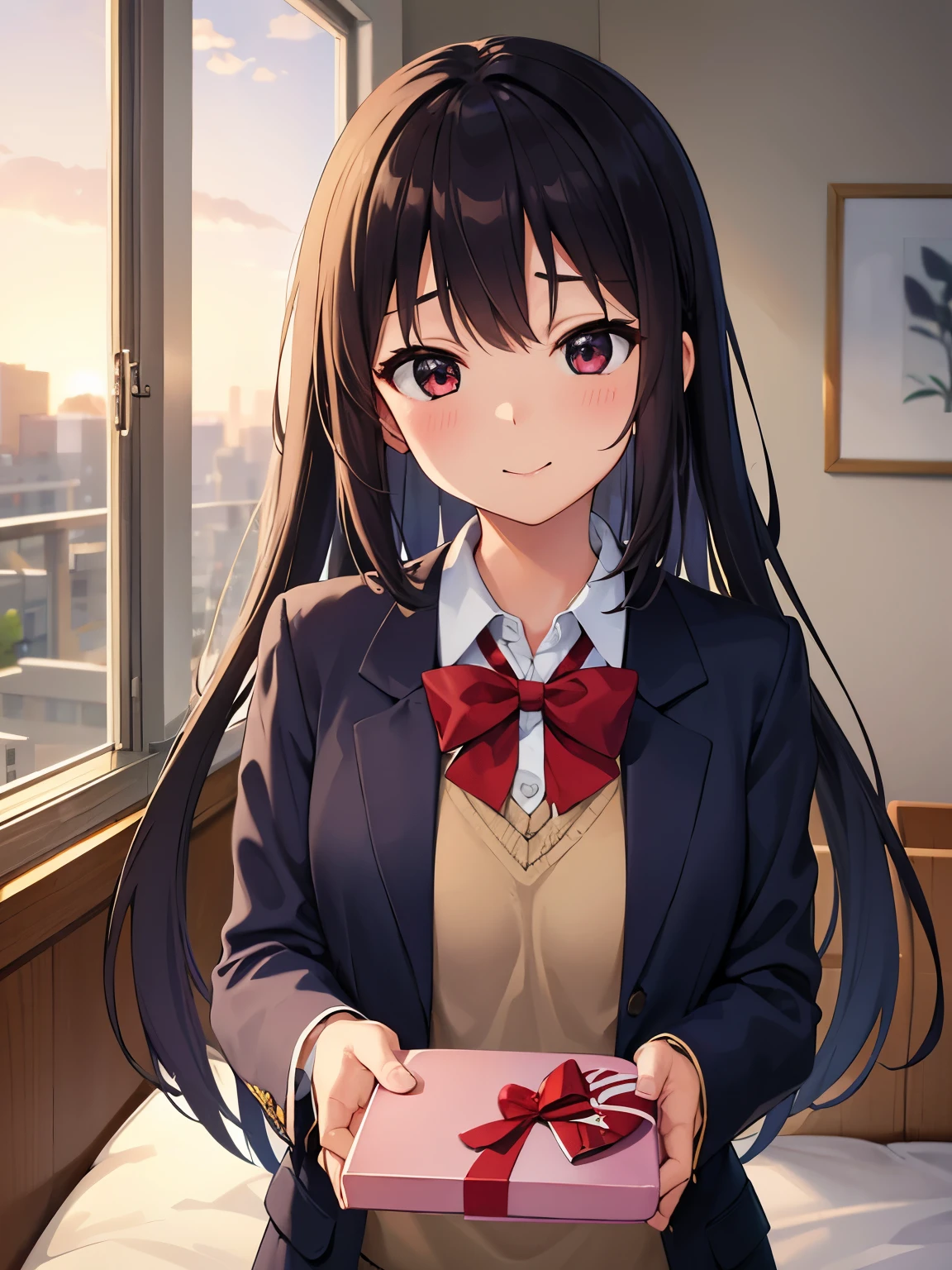 1girl, (((​masterpiece))), wallpaper HD, top-quality, top-quality, High Details, nakano azusa, 1girl, Sakuragaoka High School Uniform, student clothes, Twin-tailed, length hair, A dark-haired, brown-eyed, solo, reddish, Dark blue blazer with thin red ribbon, Solid white buttoned shirt under blazer, illustratio, comic strip, soothing tones, Subdued Color, Soft cinematic light, adobe lightroom, photolab, HDR, intricately and hyper-detailed、(((depth of fields))))。(((​masterpiece)))。(((top-quality))).)((ultra-detailliert)))。(((illustratio)))。(((takeout))).dynamic focus.big breasts.(((home))).(((A bedroom))).(((Face of happiness))). open smile mouth.(((hand holding a chocolate valentine gift))).(((up chest))).((morning glow)).((the setting sun)).