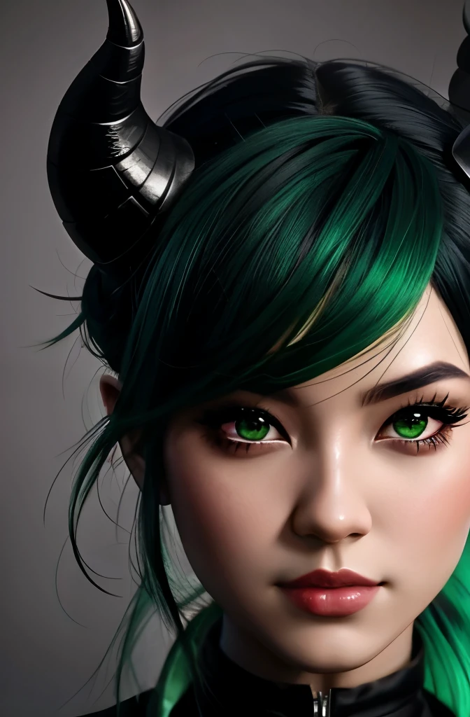 Demon girl with green hair and horns in a black outfit, IG-Modell | Artgerm, Extrem detaillierter Artgerm, Artgerm Wohnung, ArtGerm auf ArtStation Pixiv, Stil Artgerm, ! Traum Artgerm, gezeichnet im Stil von Artgerm, Stil von Artgerm, Fanart Beste ArtStation, Artgerm Portrait.