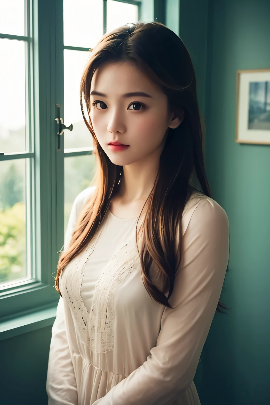 ((highest quality)), ((masterpiece)), (be familiar with), perfect face,film grain、cinematic lighting、stand by the window、beautiful silhouette、The evening sun is shining through the window