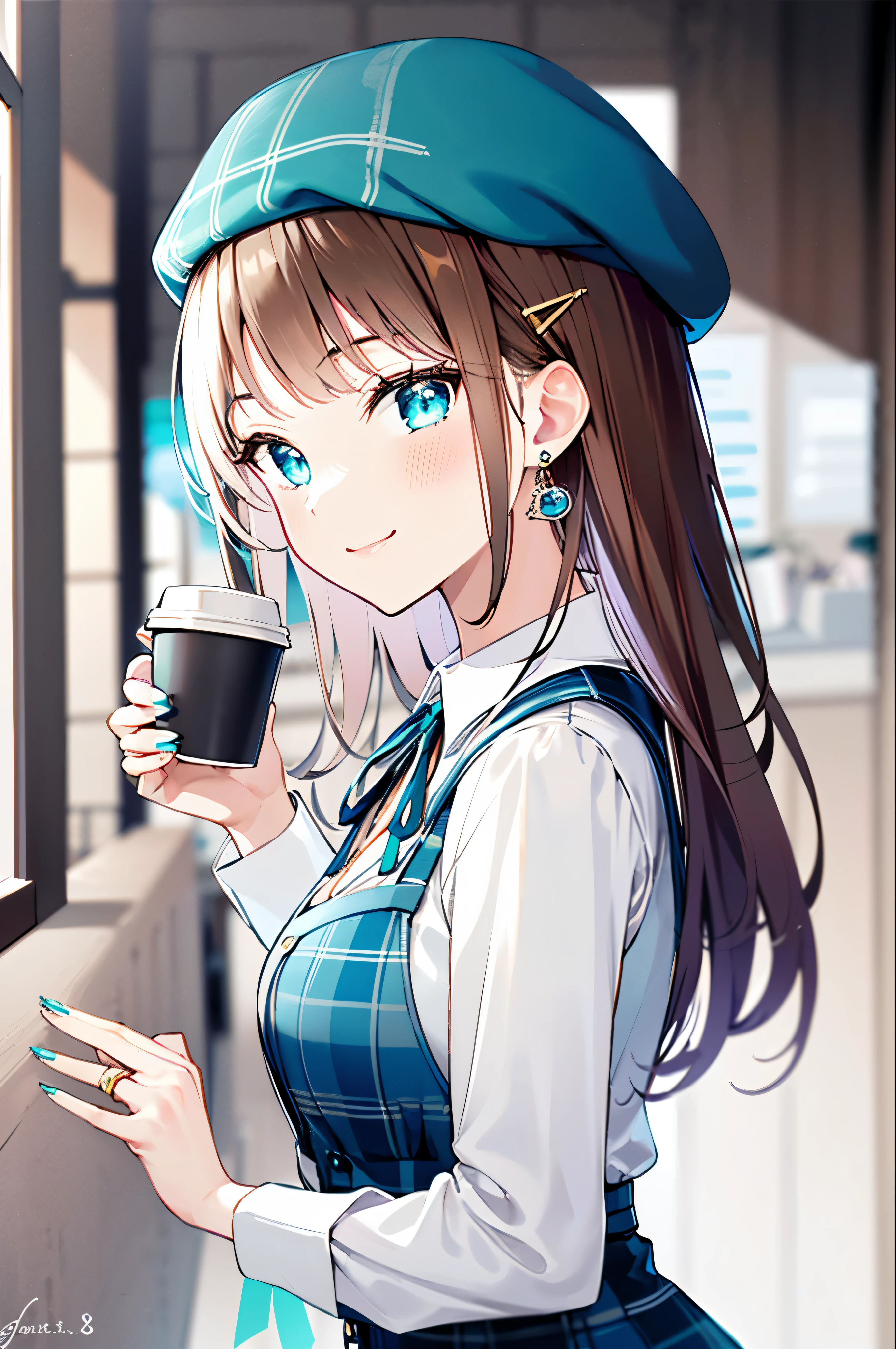 -First love, 1 girl, alone, jewelry, lattice skirt, looking at the audience, cup, earrings, have, blue eyes, long hair, coffee cup, lattice, shirt, disposable cup, Keep, sign, ring, hair accessories, Keep cup, long sleeves, brown hair, Upper body, skirt, neck ribbon, ribbon, Bangs, Keep your mouth shut, Smile, white shirt, yellow nails, hairpin, nail polish, from the side, aqua ribbon, vague background, Berets, lattice shirt, blue ribbon, vague, Brown tiara, Bag, breast, lattice headwear, bracelet