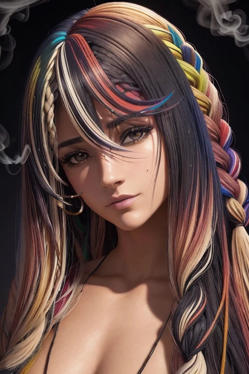 (corpo inteiro:1.2), (Smokexxx:1.4), 1   com cabelo realmente selvagem, (cabelos ondulados multicoloridos:1.2), (Two Long Braids:1.2), (longos cabelos selvagens:1.2), (cabelos multicoloridos: 1.9), usando uma saia longa, alto contraste, Epic cinematic, soft studio lights, luz de aro, Absurdo, Amazing, Funny, itricado, hiper detalhado, ultra realistic, cores suaves, 8k