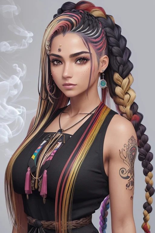 (corpo inteiro:1.2), (Smokexxx:1.4), 1 com cabelo realmente selvagem, (cabelos ondulados multicoloridos:1.2), (Two Long Braids:1.2), (longos cabelos selvagens:1.2), (cabelos multicoloridos: 1.9), usando uma saia longa, alto contraste, Epic cinematic, soft studio lights, luz de aro, Absurdo, Amazing, Funny, itricado, hiper detalhado, ultra realistic, cores suaves, 8k