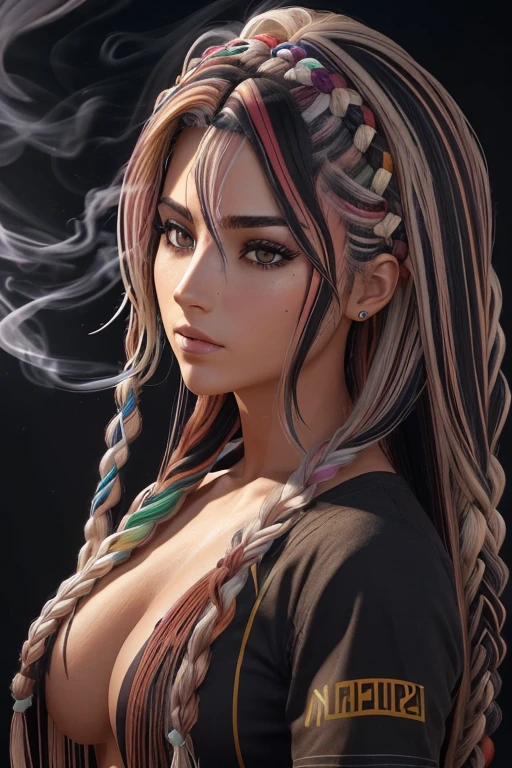 (corpo inteiro:1.2), (Smokexxx:1.4), 1   com cabelo realmente selvagem, (cabelos ondulados multicoloridos:1.2), (Two Long Braids:1.2), (longos cabelos selvagens:1.2), (cabelos multicoloridos: 1.9), usando uma saia longa, alto contraste, Epic cinematic, soft studio lights, luz de aro, Absurdo, Amazing, Funny, itricado, hiper detalhado, ultra realistic, cores suaves, 8k