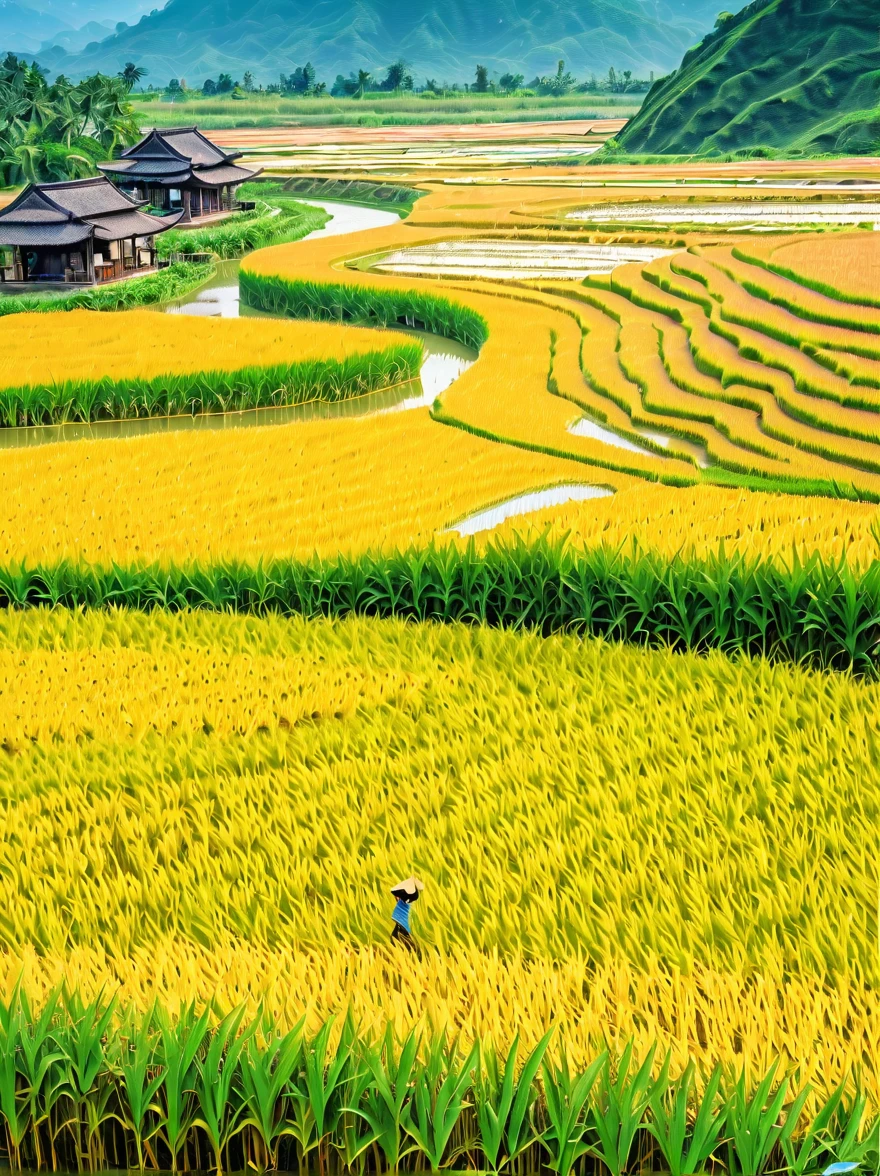 When you walk into this rice field，It&#39;s like being in a surreal dream。In front of you is a vast rice field，Golden rice swaying in the wind，The sun shines on it, making the entire rice field shine with a warm light。A row of colorful wildflowers grows on the edge of a rice field，They sway gently in the breeze，Like dancing a beautiful dance。

Standing on the edge of the rice field，You can see a group of birds singing happily in the wheat field，Their chirping is intertwined with the melodious sound of wind in the rice fields，constitutes a wonderful natural symphony。Occasionally a little bird flies up，Cut through the sky，Leave a beautiful curve，It seems to have painted an unparalleled picture of the sky。

There is a crystal clear stream flowing through the middle of the rice field.，The river is crystal clear，Reflecting the blue sky, white clouds and surrounding scenery，Like a living mirror。The river flows gently，Makes a pleasant sound of water，It&#39;s like nature has composed a beautiful piece of music for this land。

Mountains loom in the distance，Like an ink landscape painting。The mountains are surrounded by thin mis like a fairyland，Make the whole scene more mysterious and beautiful。

in this rice field，Everything is full of life and vitality，Every detail exudes a unique charm，It seems that nature shows us her most beautiful side。
