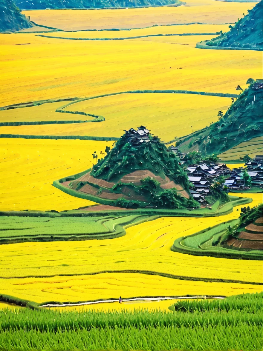 When you walk into this rice field，It&#39;s like being in a surreal dream。In front of you is a vast rice field，Golden rice swaying in the wind，The sun shines on it, making the entire rice field shine with a warm light。A row of colorful wildflowers grows on the edge of a rice field，They sway gently in the breeze，Like dancing a beautiful dance。

Standing on the edge of the rice field，You can see a group of birds singing happily in the wheat field，Their chirping is intertwined with the melodious sound of wind in the rice fields，constitutes a wonderful natural symphony。Occasionally a little bird flies up，Cut through the sky，Leave a beautiful curve，It seems to have painted an unparalleled picture of the sky。

There is a crystal clear stream flowing through the middle of the rice field.，The river is crystal clear，Reflecting the blue sky, white clouds and surrounding scenery，Like a living mirror。The river flows gently，Makes a pleasant sound of water，It&#39;s like nature has composed a beautiful piece of music for this land。

Mountains loom in the distance，Like an ink landscape painting。The mountains are surrounded by thin mis like a fairyland，Make the whole scene more mysterious and beautiful。

in this rice field，Everything is full of life and vitality，Every detail exudes a unique charm，It seems that nature shows us her most beautiful side。