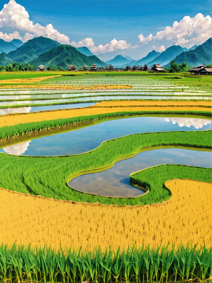 When you walk into this rice field，It&#39;s like being in a surreal dream。In front of you is a vast rice field，Golden rice swaying in the wind，The sun shines on it, making the entire rice field shine with a warm light。A row of colorful wildflowers grows on the edge of a rice field，They sway gently in the breeze，Like dancing a beautiful dance。

Standing on the edge of the rice field，You can see a group of birds singing happily in the wheat field，Their chirping is intertwined with the melodious sound of wind in the rice fields，constitutes a wonderful natural symphony。Occasionally a little bird flies up，Cut through the sky，Leave a beautiful curve，It seems to have painted an unparalleled picture of the sky。

There is a crystal clear stream flowing through the middle of the rice field.，The river is crystal clear，Reflecting the blue sky, white clouds and surrounding scenery，Like a living mirror。The river flows gently，Makes a pleasant sound of water，It&#39;s like nature has composed a beautiful piece of music for this land。

Mountains loom in the distance，Like an ink landscape painting。The mountains are surrounded by thin mis like a fairyland，Make the whole scene more mysterious and beautiful。

in this rice field，Everything is full of life and vitality，Every detail exudes a unique charm，It seems that nature shows us her most beautiful side。