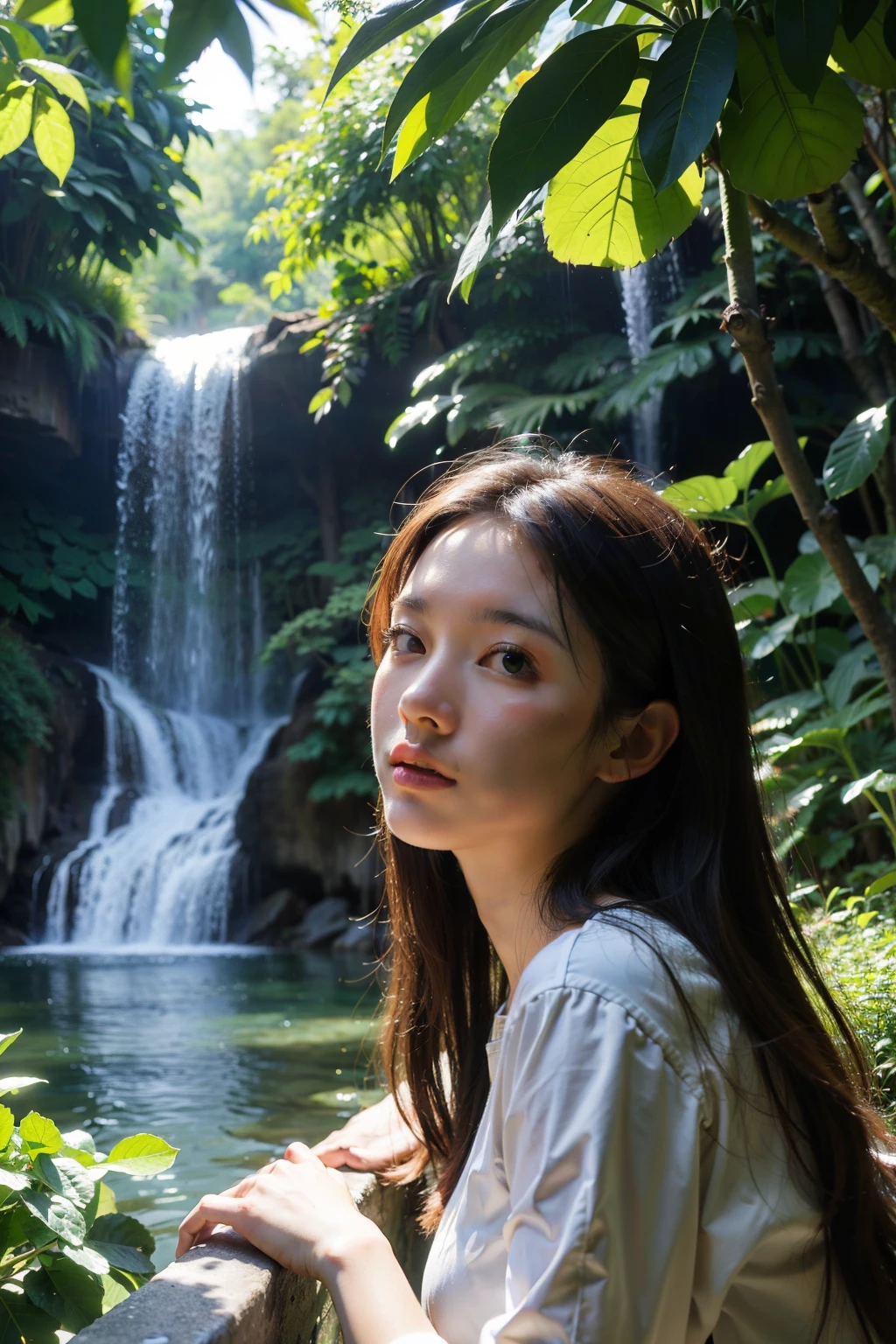 girl), (bath), (under waterfall), (dense jungle), (dappled sunshine), (Henri Rousseau), (post-impressionism), (painting), (portrait), (With vibrant greens and blues), (not any), (high resolution, 4k)
