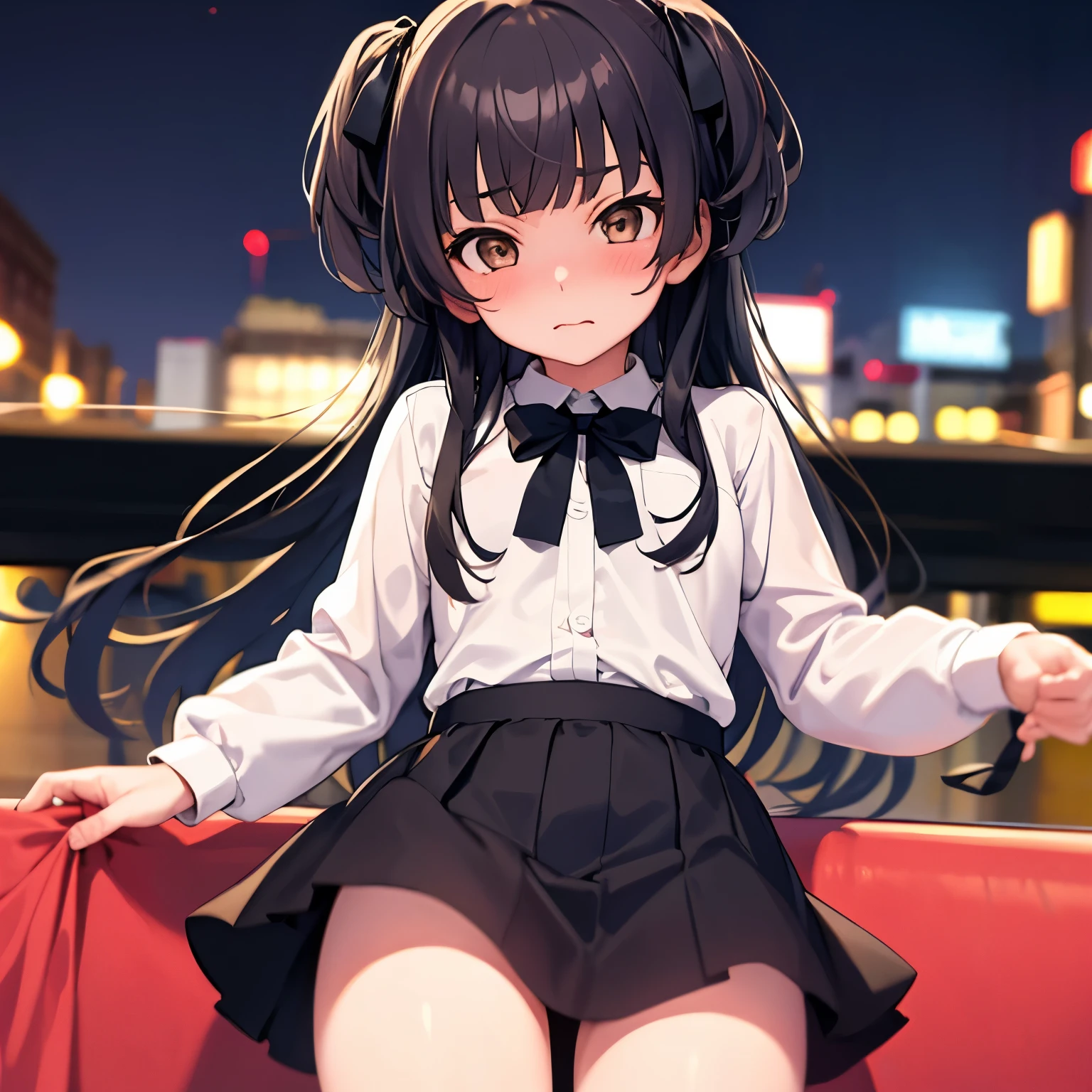 NSFW,masterpiece,highest quality,High resolution,Daiyuko,black hair,(brown eyes:1.5),long hair,two side up,黒ribbon,黒bow tie,黒ribbon,黒skirt,ribbon,bow tie,frillsshirt,frills,Autonomous system,long sleeve,ネックribbon,(ピンクshirt:1.5),ribbon,shirt,skirt,白shirt,City of night,1 girl,shy,face is turning red