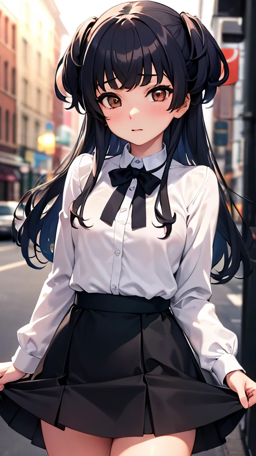 NSFW,masterpiece,highest quality,High resolution,Daiyuko,black hair,(brown eyes:1.5),long hair,two side up,黒ribbon,黒bow tie,黒ribbon,黒skirt,ribbon,bow tie,frillsshirt,frills,Autonomous system,long sleeve,ネックribbon,(ピンクshirt:1.5),ribbon,shirt,skirt,白shirt,City of night,1 girl,shy,face is turning red