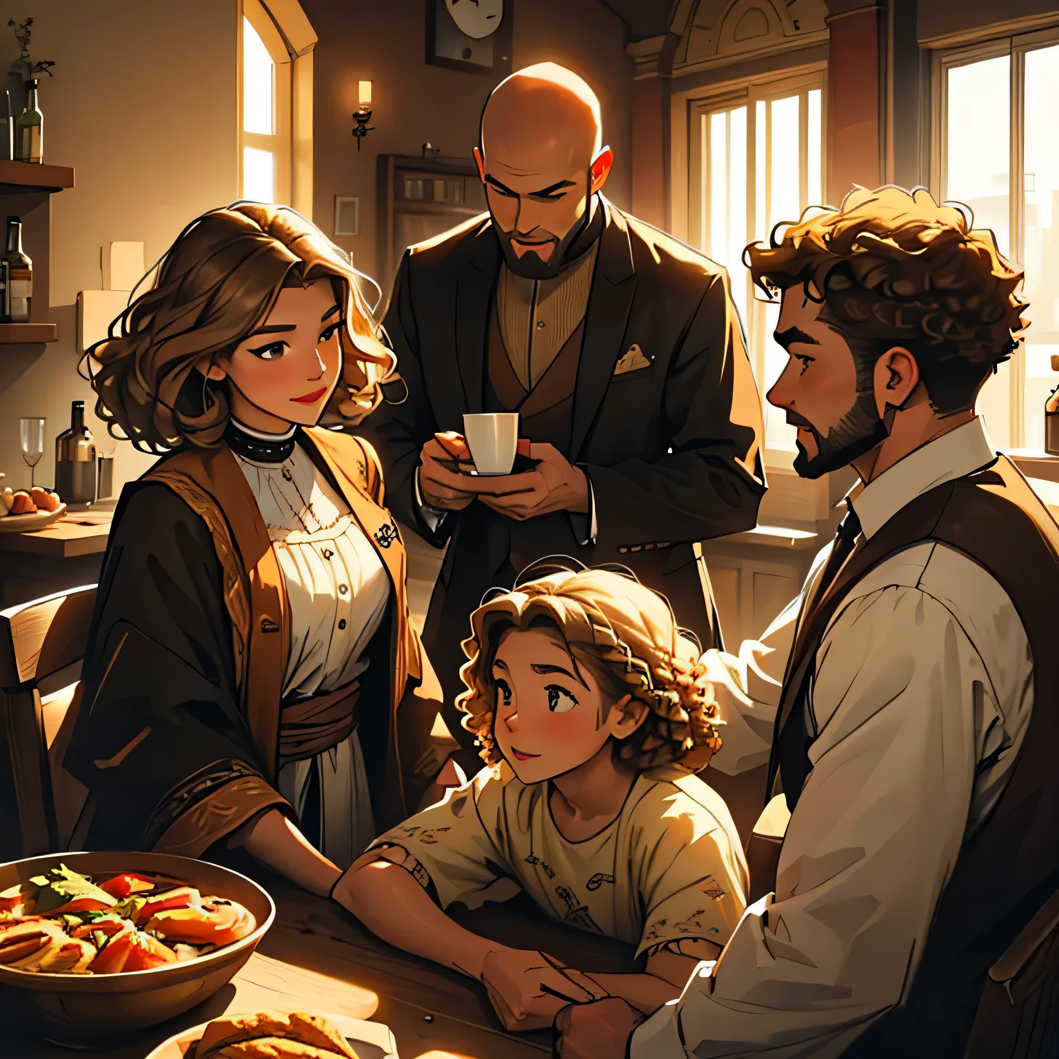 ((best quality)), ((masterpiece)), (detailed), photo of 4 people- a girl with curly brown hair, a man is bald with a 3 cm beard , girl with blond curly hair, a man with short brown hair and no beard, are all together in Germany enjoying their time