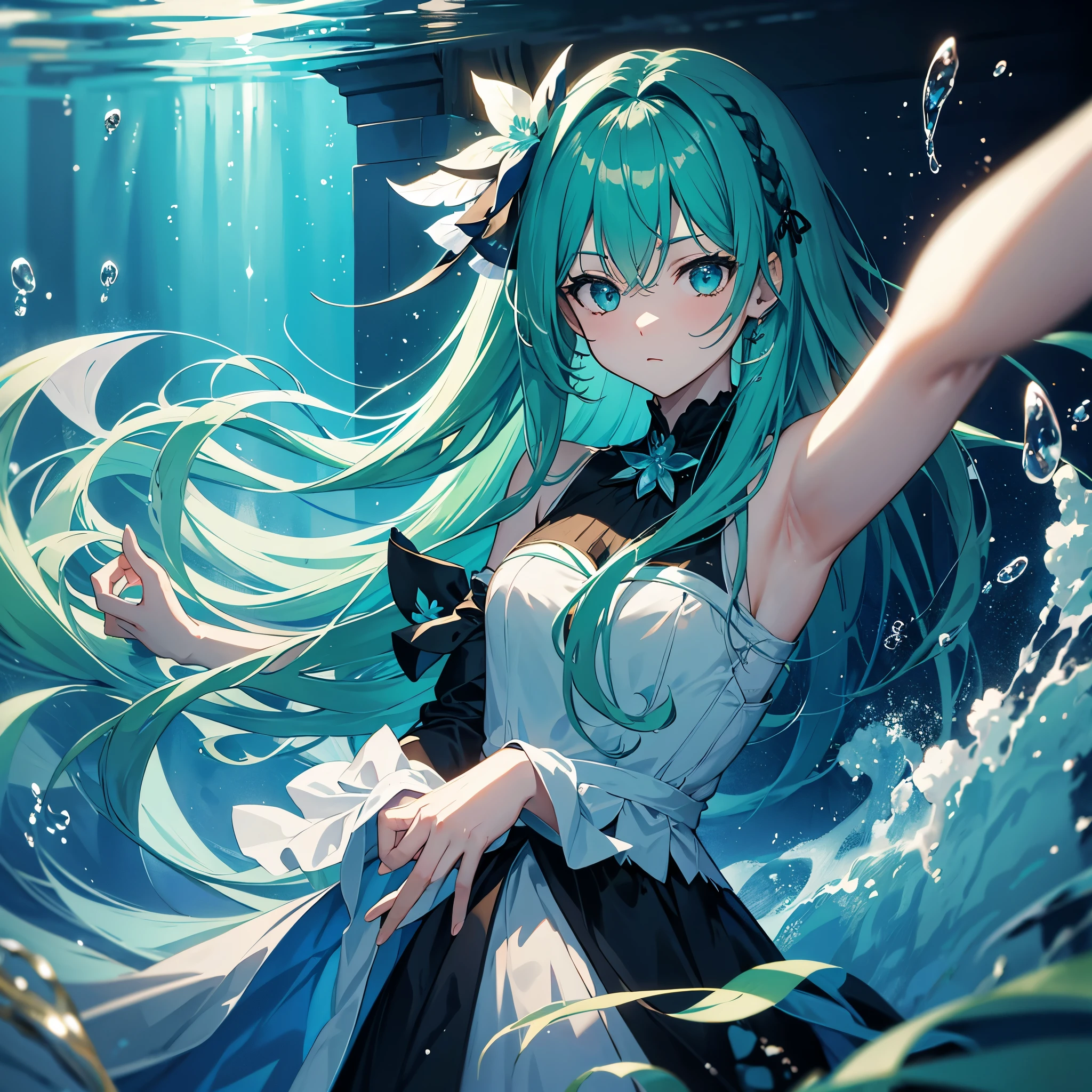 Woman in green dress standing in water, Open your eyes and look into the distance、Anxious look、closes mouth、loish and wlop, anime style 4 k, artwork in the style of guweiz, ross tran 8 k, deviantart artstation cgscosiety, 8k high quality detailed art, very detailed Artgerm, Detailed Digital Anime Art, In the sea, anime art wallpaper 4k