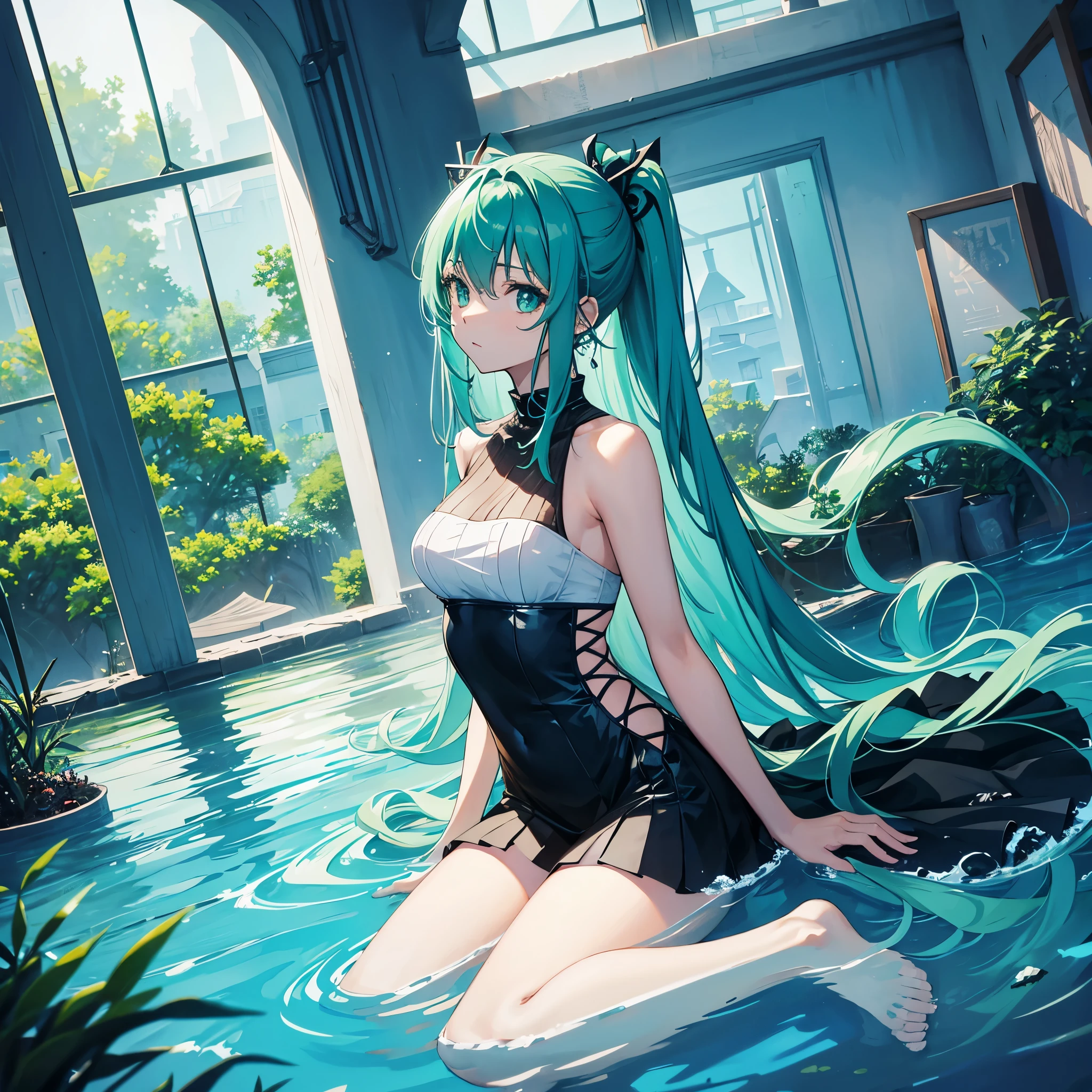 Alone anime girl , My hair is very long, tied on both sides. , blue-green , ตาblue-green , Stay in a luxury underwater house , The house has a glass roof so you can see the water above. , light falls , Dip your feet in the water. , There are corals. , There is seaweed. , Wear a black dress , sleeveless , beard