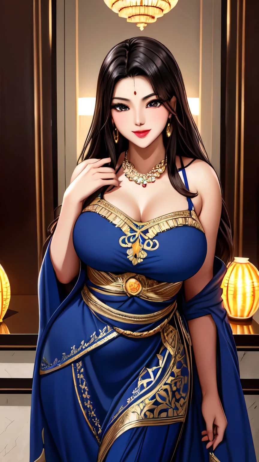 masterpiece, 4k, (Beautiful dark-haired Asian woman: 1.2), portrait, High quality art, High resolution, High resolution, in the center, symmetrical, excellent anatomy, swollen lips, smile, surprised, blush, lipstick, beautiful eyes, smooth skin, beautiful woman, jewelry, Moroccan Caftan, blue fabric with gold embroidery, (focus on upper body: 1.2), style, woman, looking at the viewer, smile,  symmetrical, in the center, close, woman, athletic, fit, tight waist, realistic body proportions, realistic, photo-realistic, 8k, very detailed, LED light, Laser Light, fruit flavored, bright, anatomically correct, symmetrical anatomy, Ulzzang-6500