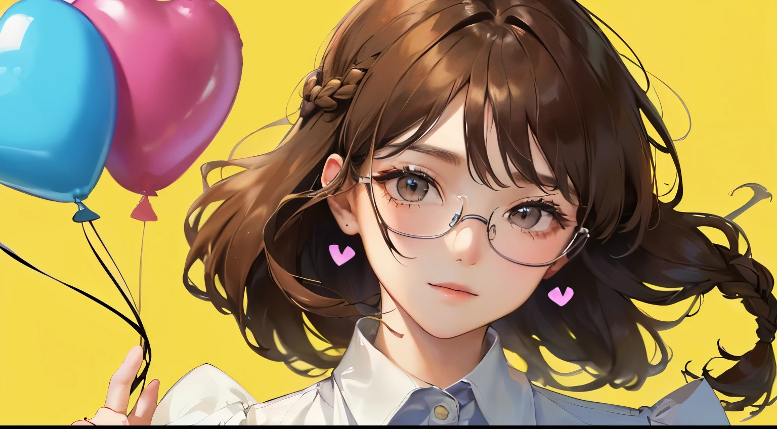 Masterpiece,best quality,  (((Many heart-shaped balloons are floating))), determined expression, white shirt、upper body diagram、No piercing、Glasses、
(((1 woman)))、(highest resolution、clear_image)、 (((solid yellow background))、best quality、contrast of light and shadow、((illumination))、very detailed、semi-realistic、braided hairstyle、brown hair、shy smile、bangs、20-year-old、office　Lady,,young、((View from the front))、delicate facial features facial features、