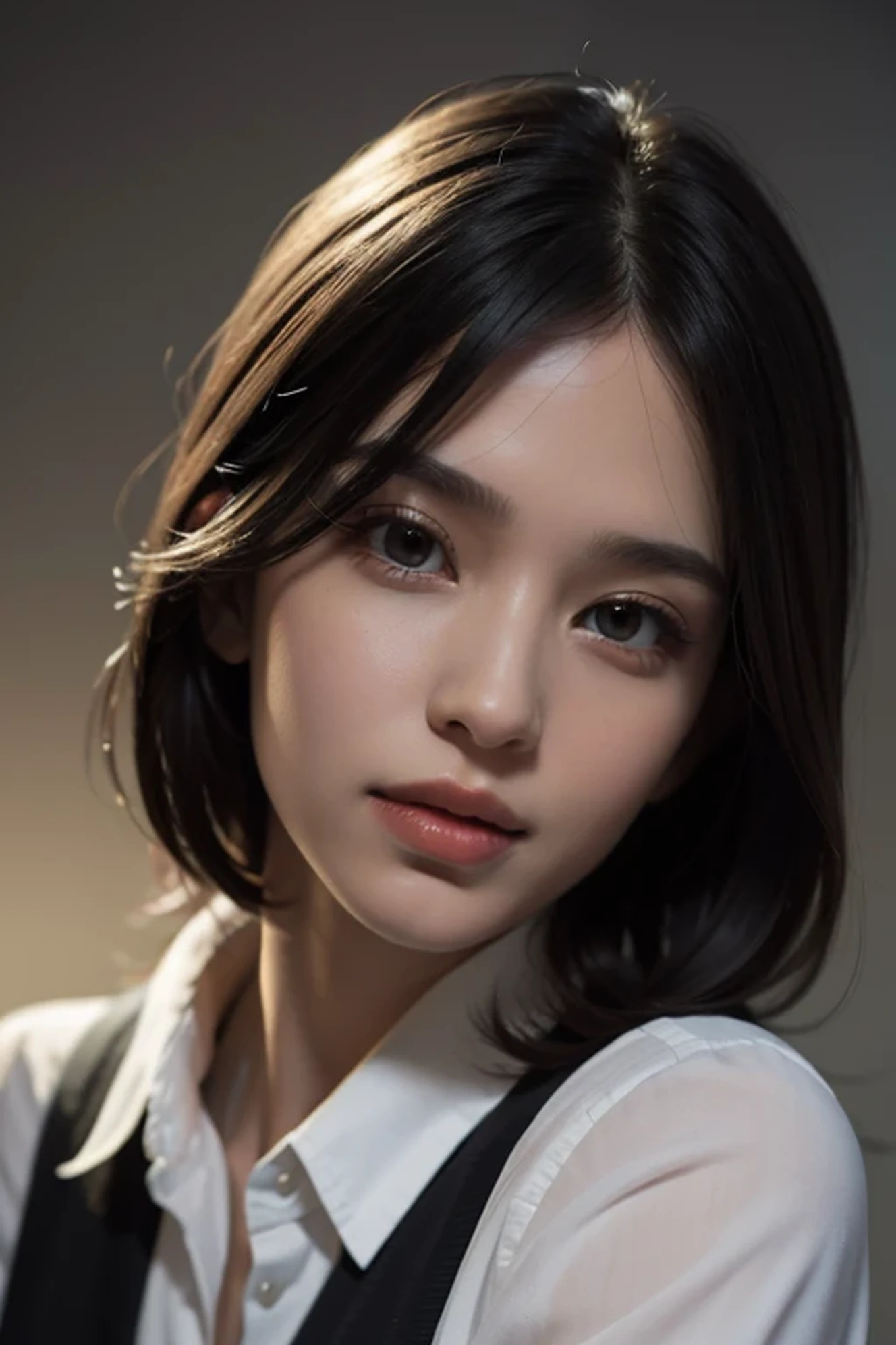 highest quality, masterpiece, (realistic:1.4), 1 girl, light smile, collared shirt, Upper body, dramatic lighting, from below,looking at something else,1920×1006px