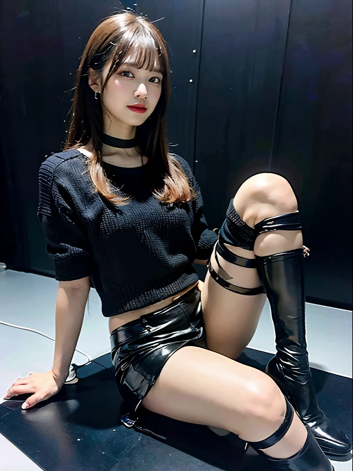 (best quality,8k,high-res,masterpiece:1.2), ultra-detailed, (realistic, photo-realistic:1.37), tabletop, extremely detailed, photorealistic rendering, girl and full body seen, black leather miniskirt, slightly averted eyes, profile, incredibly beautiful, cute, 8K wallpaper, intricate details, highly detailed 8K wallpaper, gravure, model, foot fetish, legs, leg fetish, visible down to the feet, vibrant lighting, soft shadows
