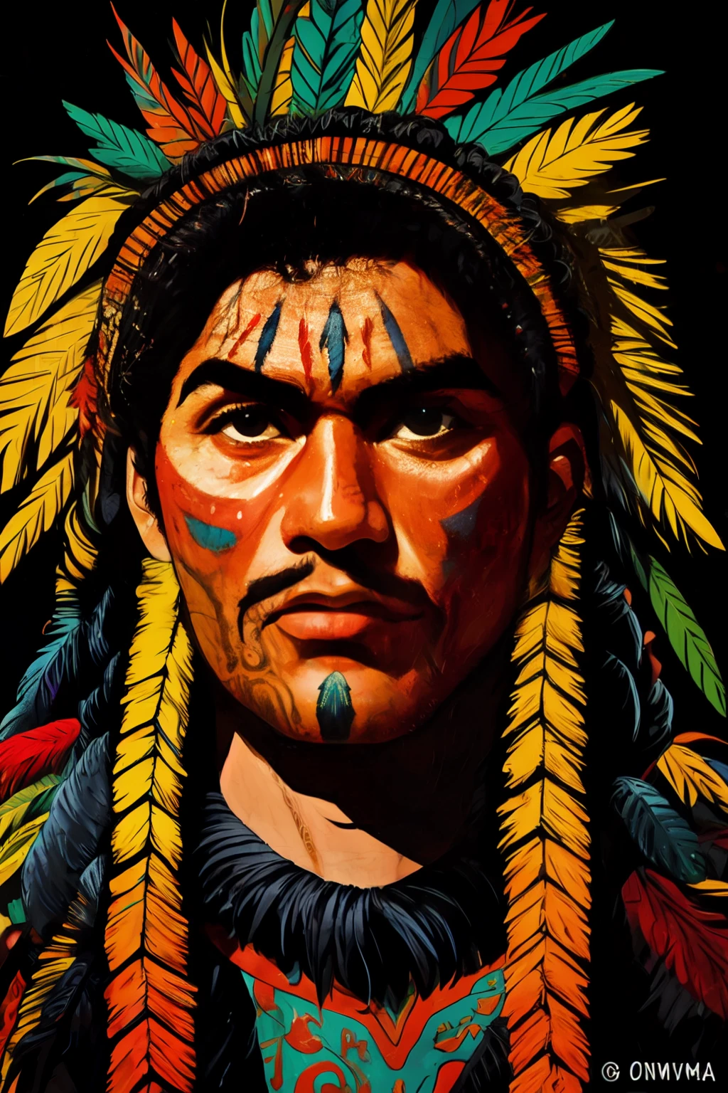 um close up de um homem com um cocar emplumado e uma pintura facial, homem indigenous, povos indigenouss amazônicos no brasil, ayahuasca shaman, Retrato de um guerreiro, marcas tribais faciais, pintura do rosto do guerreiro vermelho, indigenous, pintura facial tribal, usando tinta de guerra, Retrato de um guerreiro masculino, usando armadura tribal, pinturas tribais do rosto, anthropological photography, 16K, high definition, rosto detalhado, rosto detalhado, olhos detalhados, terno detalhado, Estilo DC, hiper-realista, + cinematic photo + Dynamic Composition, incrivelmente detalhado, nitidez, detalhes + detalhes soberbos + noite com luz + perfeccionismo + realismo premiado ((soft lighting))