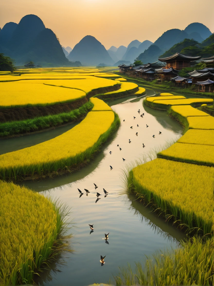 When you walk into this rice field，It&#39;s like being in a surreal dream。In front of you is a vast rice field，Golden rice swaying in the wind，The sun shines on it, making the entire rice field shine with a warm light。A row of colorful wildflowers grows on the edge of a rice field，They sway gently in the breeze，Like dancing a beautiful dance。

Standing on the edge of the rice field，You can see a group of birds singing happily in the wheat field，Their chirping is intertwined with the melodious sound of wind in the rice fields，constitutes a wonderful natural symphony。Occasionally a little bird flies up，Cut through the sky，Leave a beautiful curve，It seems to have painted an unparalleled picture of the sky。

There is a crystal clear stream flowing through the middle of the rice field.，The river is crystal clear，Reflecting the blue sky, white clouds and surrounding scenery，Like a living mirror。The river flows gently，Makes a pleasant sound of water，It&#39;s like nature has composed a beautiful piece of music for this land。

Mountains loom in the distance，Like an ink landscape painting。The mountains are surrounded by thin mis like a fairyland，Make the whole scene more mysterious and beautiful。

in this rice field，Everything is full of life and vitality，Every detail exudes a unique charm，It seems that nature shows us her most beautiful side。