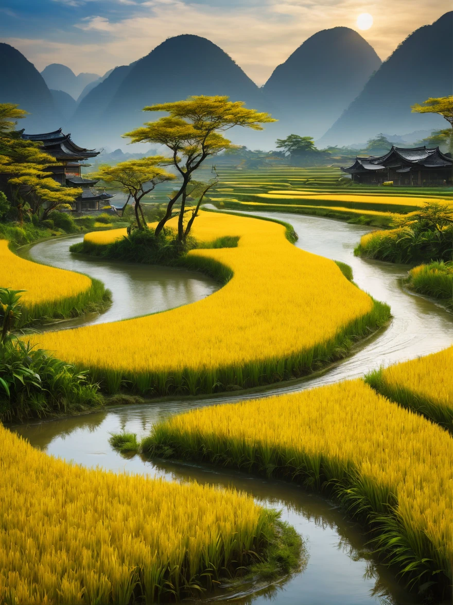 When you walk into this rice field，It&#39;s like being in a surreal dream。In front of you is a vast rice field，Golden rice swaying in the wind，The sun shines on it, making the entire rice field shine with a warm light。A row of colorful wildflowers grows on the edge of a rice field，They sway gently in the breeze，Like dancing a beautiful dance。

Standing on the edge of the rice field，You can see a group of birds singing happily in the wheat field，Their chirping is intertwined with the melodious sound of wind in the rice fields，constitutes a wonderful natural symphony。Occasionally a little bird flies up，Cut through the sky，Leave a beautiful curve，It seems to have painted an unparalleled picture of the sky。

There is a crystal clear stream flowing through the middle of the rice field.，The river is crystal clear，Reflecting the blue sky, white clouds and surrounding scenery，Like a living mirror。The river flows gently，Makes a pleasant sound of water，It&#39;s like nature has composed a beautiful piece of music for this land。

Mountains loom in the distance，Like an ink landscape painting。The mountains are surrounded by thin mis like a fairyland，Make the whole scene more mysterious and beautiful。

in this rice field，Everything is full of life and vitality，Every detail exudes a unique charm，It seems that nature shows us her most beautiful side。