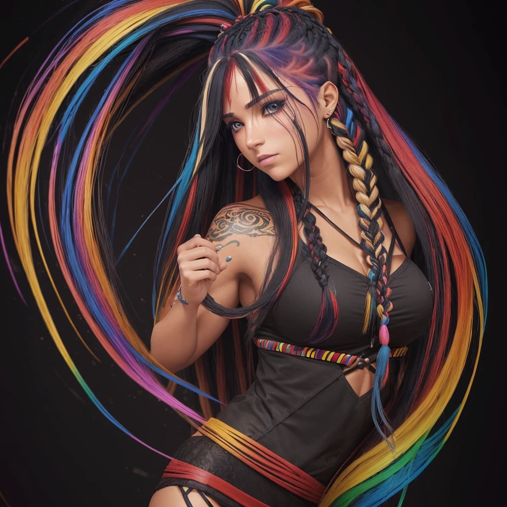 (corpo inteiro:1.2), (Smokexxx:1.4), 1 com cabelo realmente selvagem, (cabelos ondulados multicoloridos:1.2), (Two Long Braids:1.2), (longos cabelos selvagens:1.2), (cabelos multicoloridos: 1.9), usando uma saia longa, alto contraste, Epic cinematic, soft studio lights, luz de aro, Absurdo, Amazing, Funny, itricado, hiper detalhado, ultra realistic, cores suaves, 8k