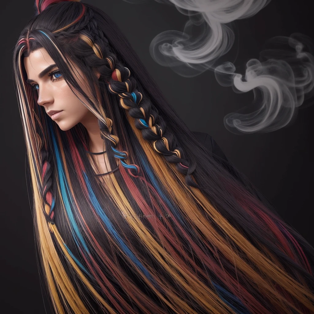 (corpo inteiro:1.2), (Smokexxx:1.4), 1 com cabelo realmente selvagem, (cabelos ondulados multicoloridos:1.2), (Two Long Braids:1.2), (longos cabelos selvagens:1.2), (cabelos multicoloridos: 1.9), usando uma saia longa, alto contraste, Epic cinematic, soft studio lights, luz de aro, Absurdo, Amazing, Funny, itricado, hiper detalhado, ultra realistic, cores suaves, 8k