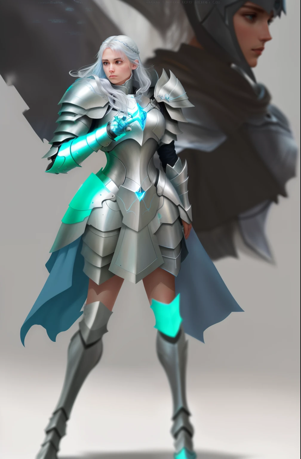 One wearing a silver suit、Close-up of woman holding sword, light blue armor, female knight, Silver ice reflective armor, Wearing light armor, Light black armor, With smooth silver armor, bikini armor female knight, Wearing ethereal armor, Wearing opal armor, Sleek glowing armor, concept armor, fantasy paladin woman, Armor girl