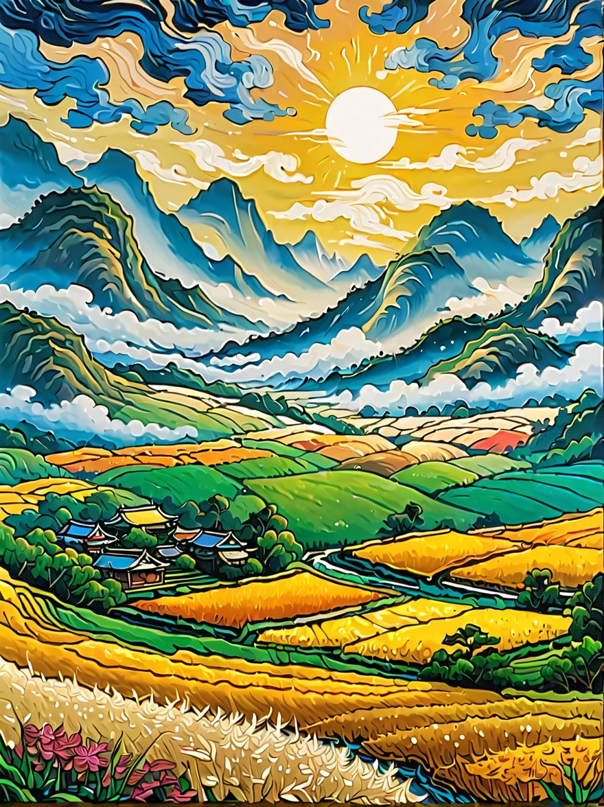 When you walk into this rice field，It&#39;s like being in a surreal dream。In front of you is a vast rice field，Golden rice swaying in the wind，The sun shines on it, making the entire rice field shine with a warm light。A row of colorful wildflowers grows on the edge of a rice field，They sway gently in the breeze，Like dancing a beautiful dance。

Standing on the edge of the rice field，You can see a group of birds singing happily in the wheat field，Their chirping is intertwined with the melodious sound of wind in the rice fields，constitutes a wonderful natural symphony。Occasionally a little bird flies up，Cut through the sky，Leave a beautiful curve，It seems to have painted an unparalleled picture of the sky。

There is a crystal clear stream flowing through the middle of the rice field.，The river is crystal clear，Reflecting the blue sky, white clouds and surrounding scenery，Like a living mirror。The river flows gently，Makes a pleasant sound of water，It&#39;s like nature has composed a beautiful piece of music for this land。

Mountains loom in the distance，Like an ink landscape painting。The mountains are surrounded by thin mis like a fairyland，Make the whole scene more mysterious and beautiful。

in this rice field，Everything is full of life and vitality，Every detail exudes a unique charm，It seems that nature shows us her most beautiful side。