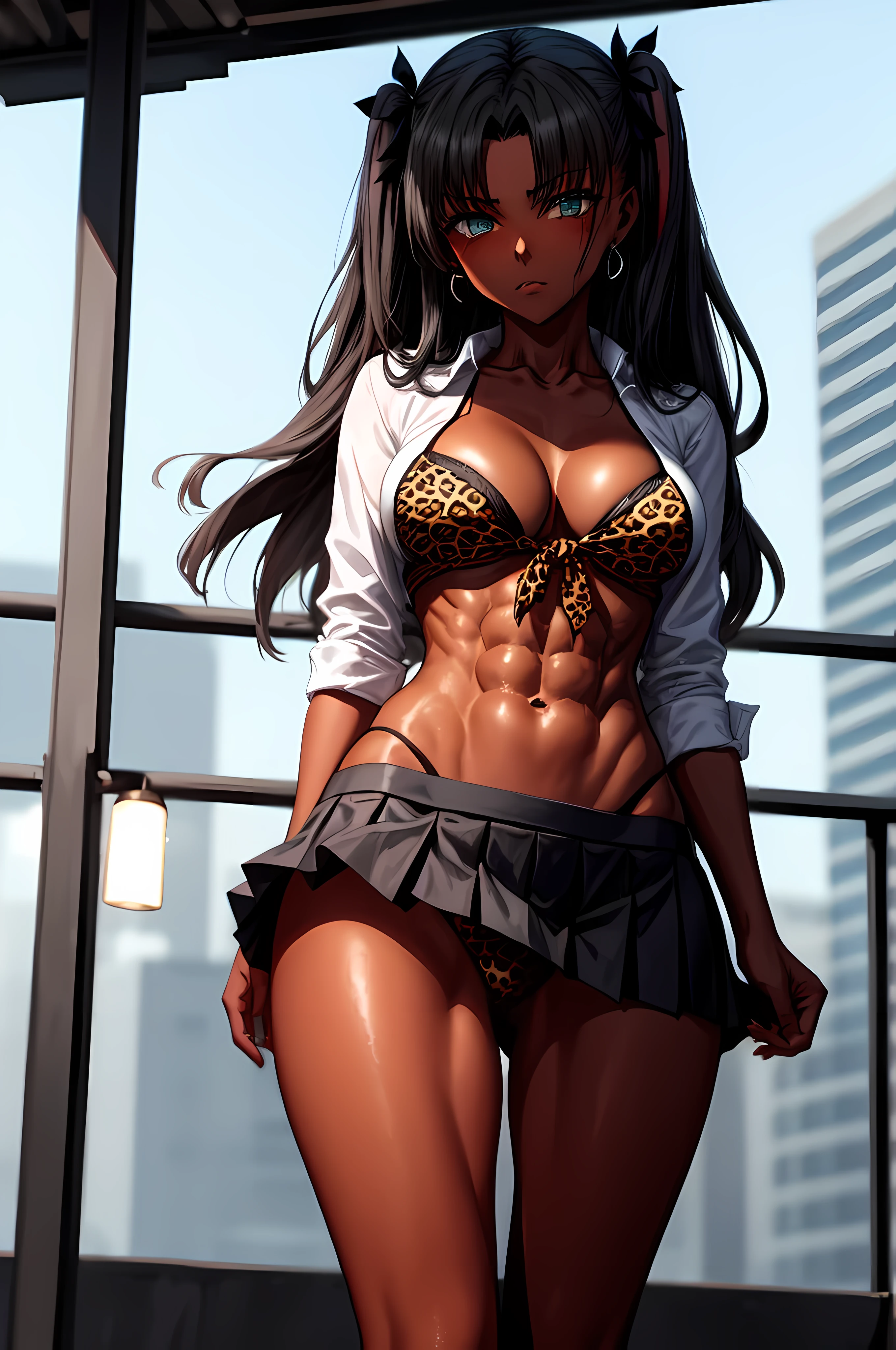 masterpiece, perfect lighting, ultra_detailed, ((1girl)), muscular female, abs, thighs, rin tohsaka, aqua eyes, (black hair:1.5), hair ribbon, long hair, ribbon, sidelocks, two side up, (parted bangs:1.5), black skirt, (dark skin), (((gyaru))), open clothes, tied shirt, standing, bikini, (leopard print), tied shirt
