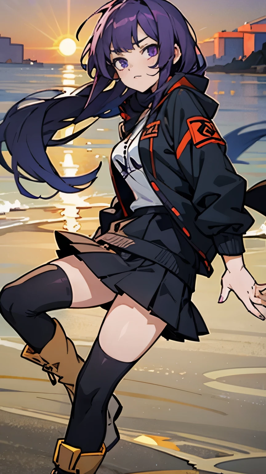 beach,seaside,Sunset,purple eyes,long purple hair,Black sweatshirt,black pleated skirt,Black Martin boots,black knee socks,8k resolution