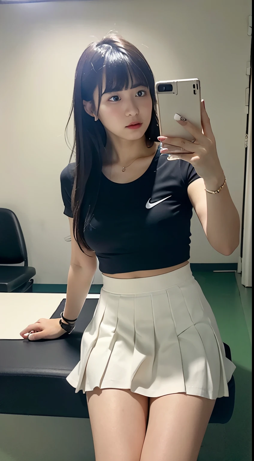 ((realistic lighting, highest quality, 8K, masterpiece, medium shot: 1.3)), clear focus: 1.2, 1 girl, perfect figure: 1.4, plump bust,((long black hair)),((With bangs)),(tennis wear: 1.4), in the gym changing room, sitting on a chair,white ankle-length socks,white sneakers,super fine face, fine eyes, double eyelid,(white pleated mini skirt), open your legs,white panties are visible,He has a black smartphone in his right hand.,Taking a selfie with his arm outstretched holding his smartphone,Your face is hidden by your smartphone,left hand is on the floor