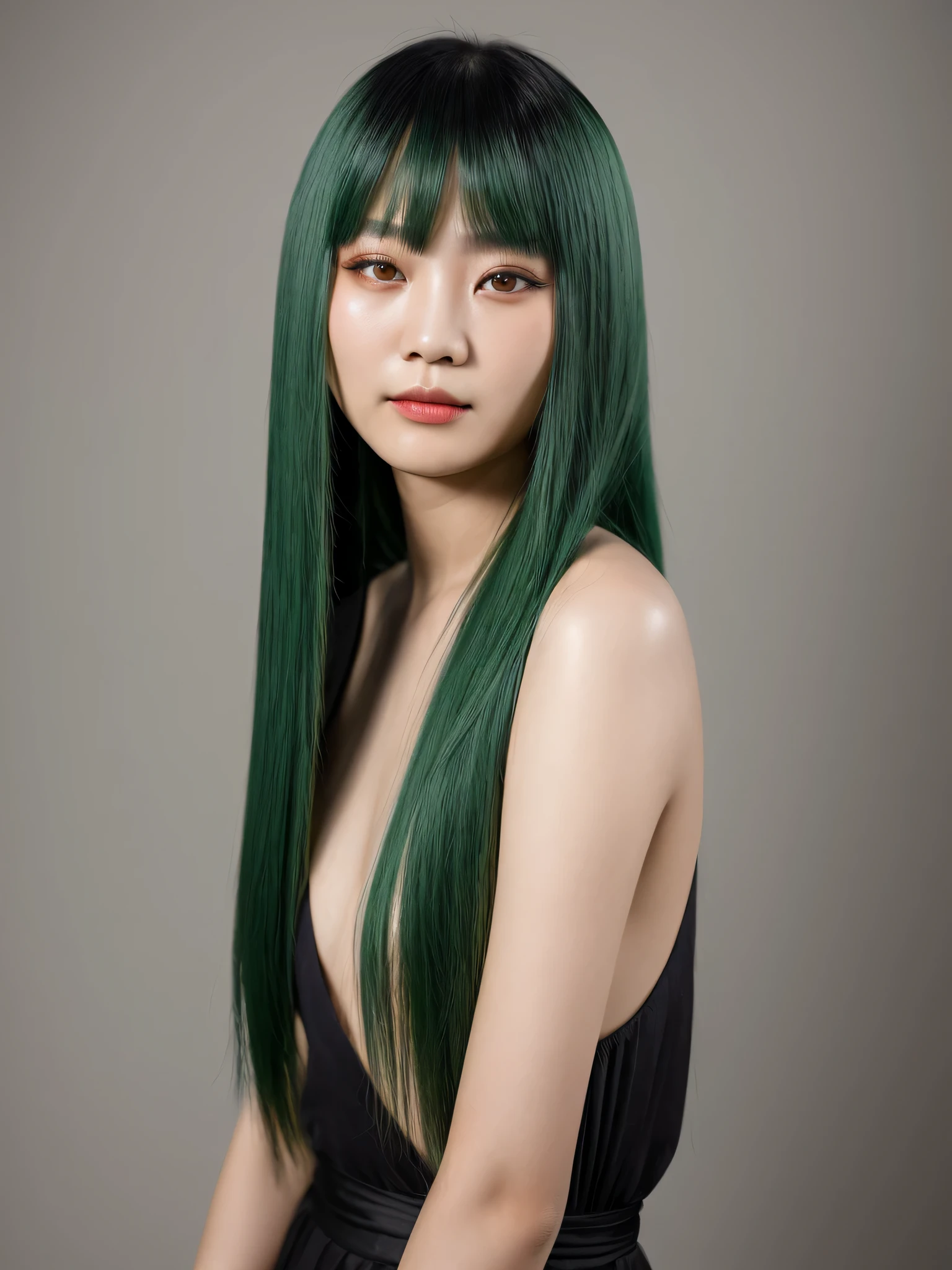 chinese woam cheveux de jade color, coupe de cheveux avec petites franges, cheveux de jade, View Camera, une photo en studio, poser pour une photo, 
