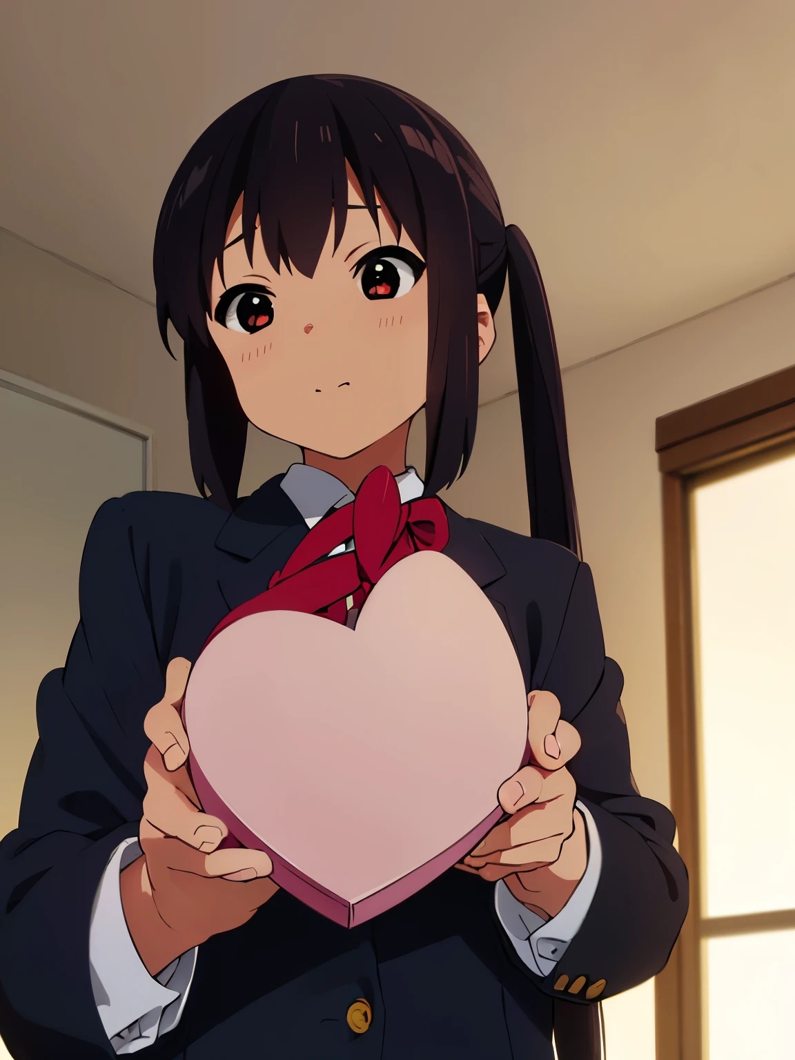1girl, (((masterpiece))), wallpaper HD, top-quality, top-quality, High Details, nakano azusa, 1girl, Sakuragaoka High School Uniform, student clothes, Twin-tailed, length hair, A dark-haired, brown-eyed, solo, reddish, Dark blue blazer with thin red ribbon, Solid white buttoned shirt under blazer, illustratio, comic strip, soothing tones, Subdued Color, Soft cinematic light, adobe lightroom, photolab, HDR, intricately and hyper-detailed、(((depth of fields))))。(((masterpiece)))。(((top-quality))).)((ultra-detailliert)))。(((illustratio)))。(((takeout))).dynamic focus.big breasts.(((home))).(((A bedroom))).(((Face of happiness))). Smile mouth.(((hand holding a chocolate valentine gift))).(((up chest))).((morning glow)).((the setting sun)).