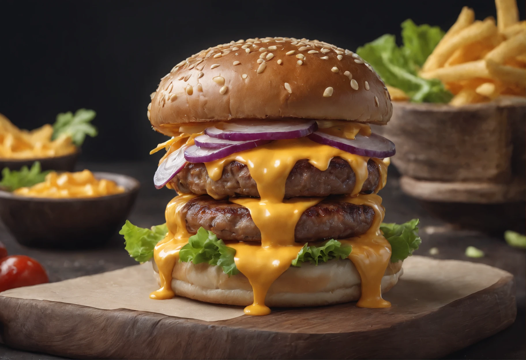 a delicious burger with extra cheese sauce, cinematic, professional photography, studio lighting, studio background, advertising photography, intricate details, hyper-detailed, ultra realistic, 8K UHD