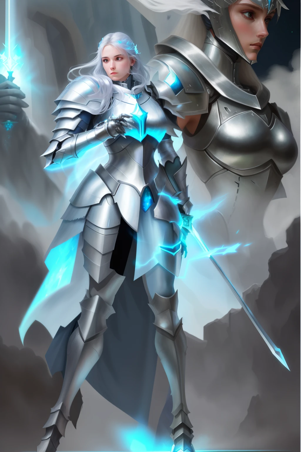 One wearing a silver suit、Close-up of woman holding sword, light blue armor, female knight, Silver ice reflective armor, Wearing light armor, Light black armor, With smooth silver armor, bikini armor female knight, Wearing ethereal armor, Wearing opal armor, Sleek glowing armor, concept armor, fantasy paladin woman, Armor girl