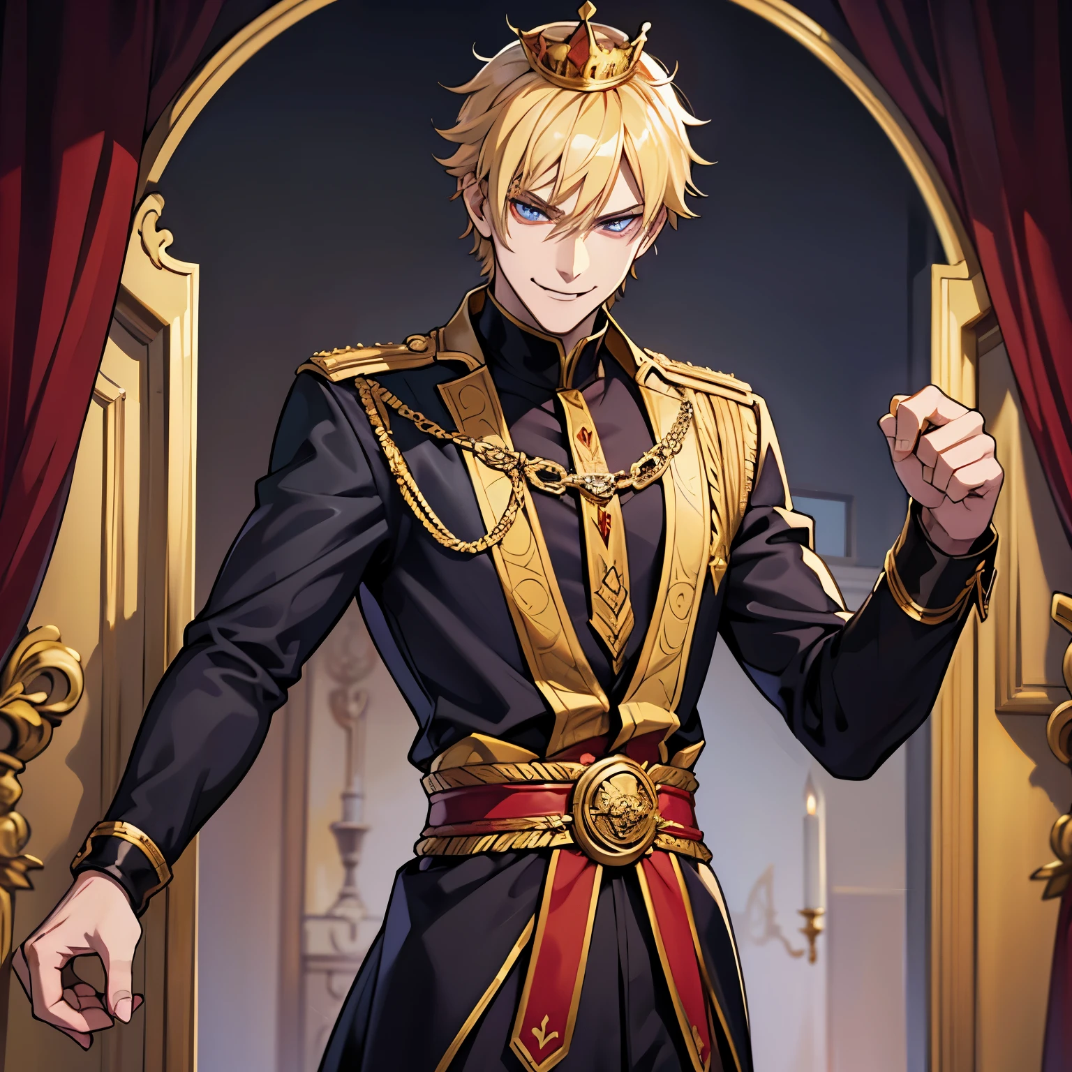 A Blonde guy, evil , anime, a prince, have an evil smile, a demon, have no feelings, have a king crown, have a fangs, an evil prince, like to fight