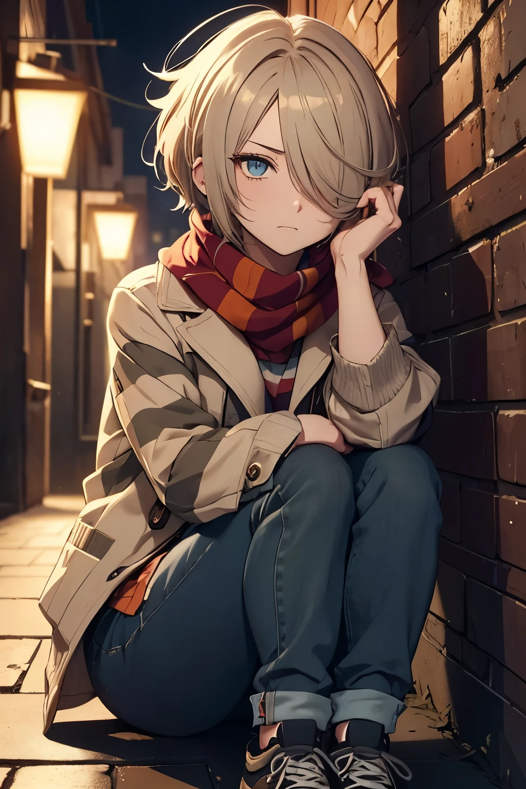 Anime Non-binary Person, Dark Blonde Hair, Thick Hair, Short Hair, Right Eye covered by Hair, Dark Eyes, Red and Green Striped Scarf, Light Brown Jacket, Denim Jeans, Gray Sneakers, Midnight Alleyway Background, Dark Lighting, Illuminated by a Lamp, Sad Expression, Tearing up, Soft, Cute, Close-up, Sitting Position, Side View