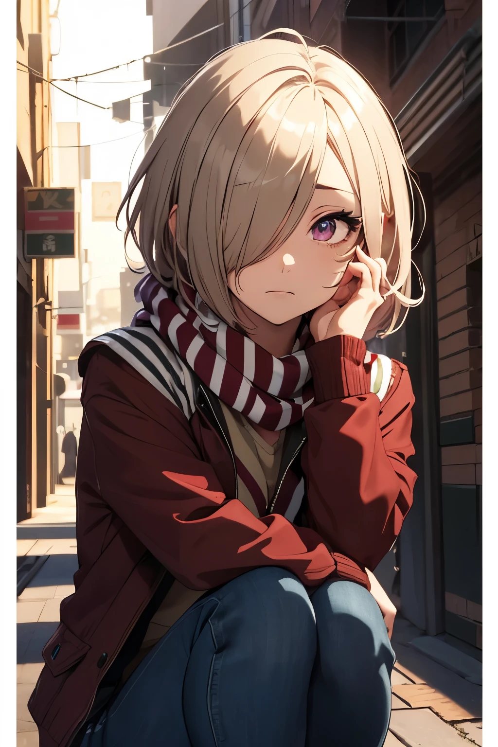 Anime Non-binary Person, Dark Blonde Hair, Thick Hair, Short Hair, Left Eye covered by Hair, Maroon colored Eyes, Red and Green Striped Scarf, Light Brown Jacket, Denim Jeans, Gray Sneakers, Midnight Alleyway Background, Dark Lighting, Illuminated by a Lamp, Sad Expression, Verge of Tears, Soft, Cute, Close-up, Sitting Position, Side View