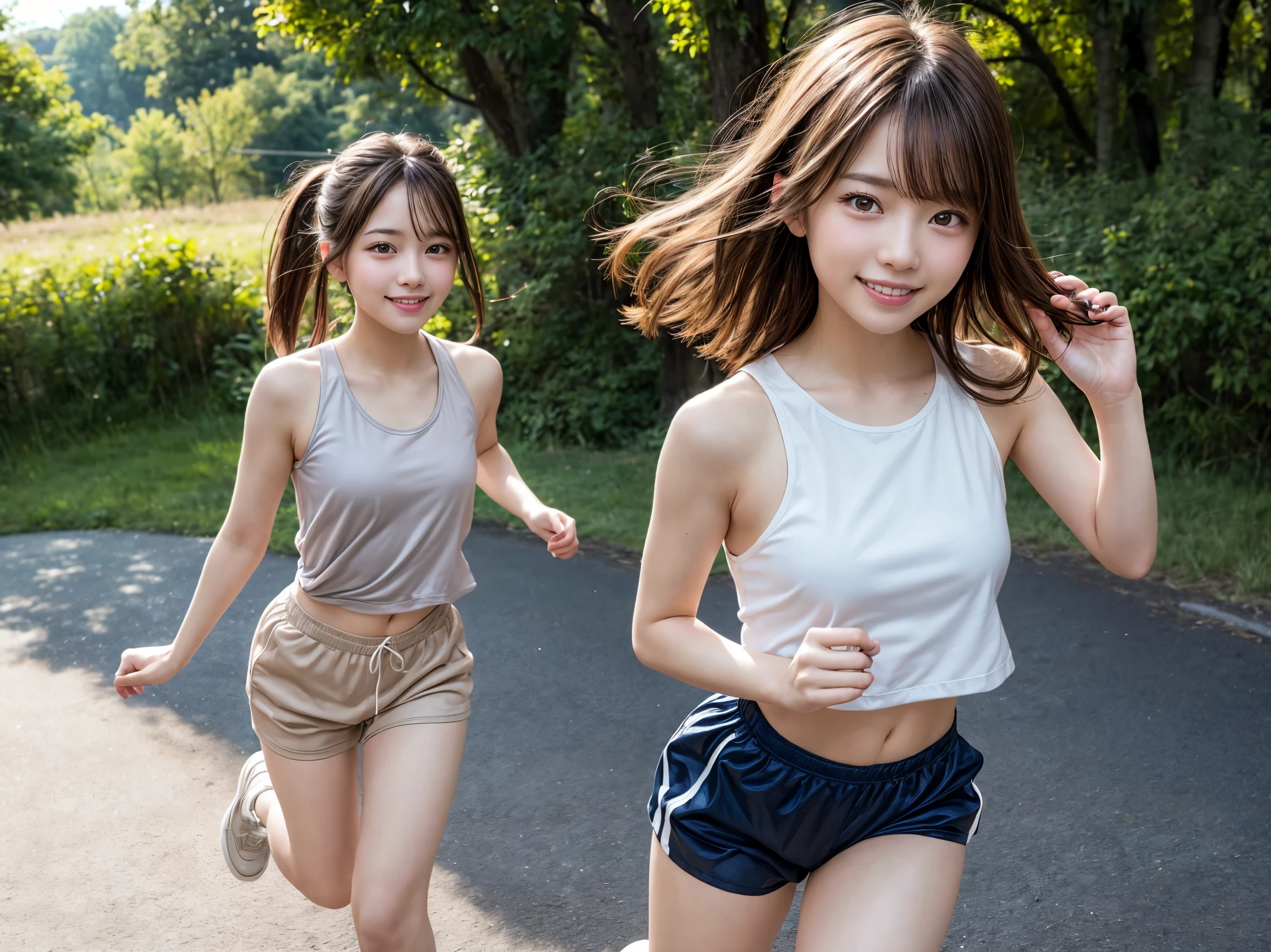 Full-HD, 4K, 8K, masterpiece, best quality, ultra detailed, a girl, , 2 girls, smiling, running at full speed, looking at viewer, short hair, straight hair, blonde, brown eyes, glamorous, tank top, short pants, cute face, on the road, with a grassland, blue sky and shining lights, realistic photo, hyperrealistic photo, nsfw, full body shot, wide view, depth of field