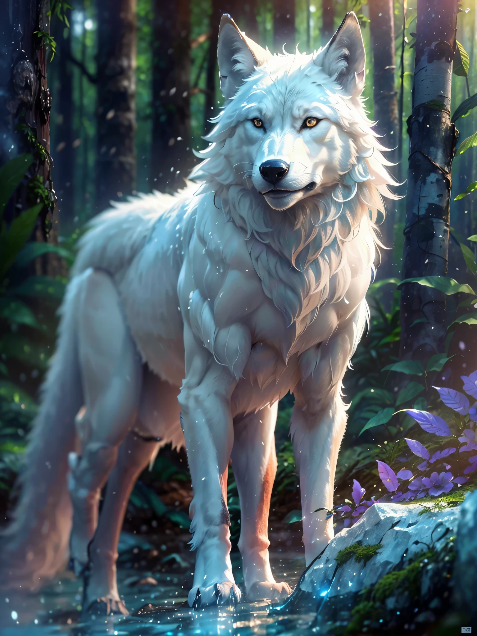 Wolf King, White elegance, (pure white: 1.3), (shining blue eyes), fine fur, delicate face, sharp teeth, Nice tail, realistic forest, sunrise, low contrast, (Medium focal length and near focal length: 1.3), highest quality, Very detailed, infinite details, Photorealistic, highest quality, T's masterpiece, Premium wallpapers, 8k, Octanized rendering, (Not in human form: 1.4) Sit facing each other and wait for the start