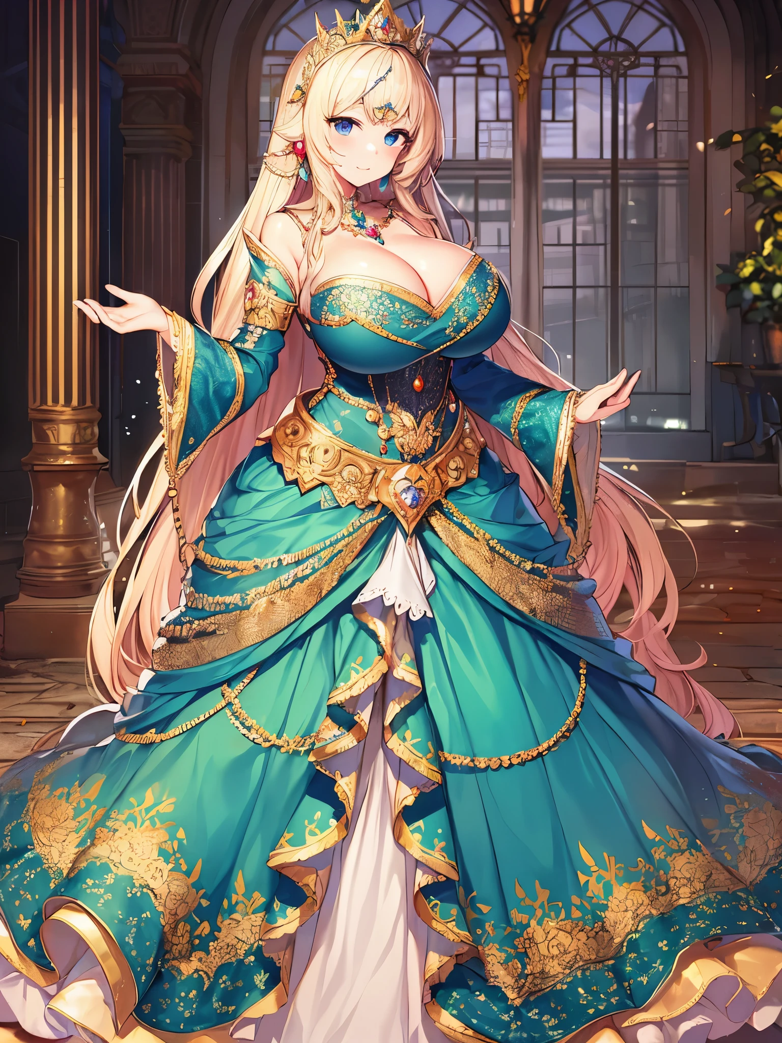 anime artstyle,Masterpiece,Best Quality,Super Detail,Very Delicate and Beautiful,Solo,full body,full body portrait,((1 bling-bling princess in a gorgeous embroidery rococo ballgown with jeweled)),(((very very gigantic tits,cleavage))),curvy,Skindentation,((fantasy castle,outdoor)),((crinoline,long train)),super detailed gorgeous princess ballgown with voluminous full length hoop skirt,gorgeous princess rococo ballgown with long train,gorgeous princess rococo ballgown with beautiful embroidery and jeweled,(detailed face and eyes),jewel-like eyes,((extremely voluminous straight Hair,Extremely Long Straight Hair)),extremely gorgeous hair ornament,((extremely gorgeous bling-bling big tiara)),bling-bling luxurious jewelry,((super detailed jeweled gorgeous princess rococo ballgown with voluminous full length hoop skirt)),full body