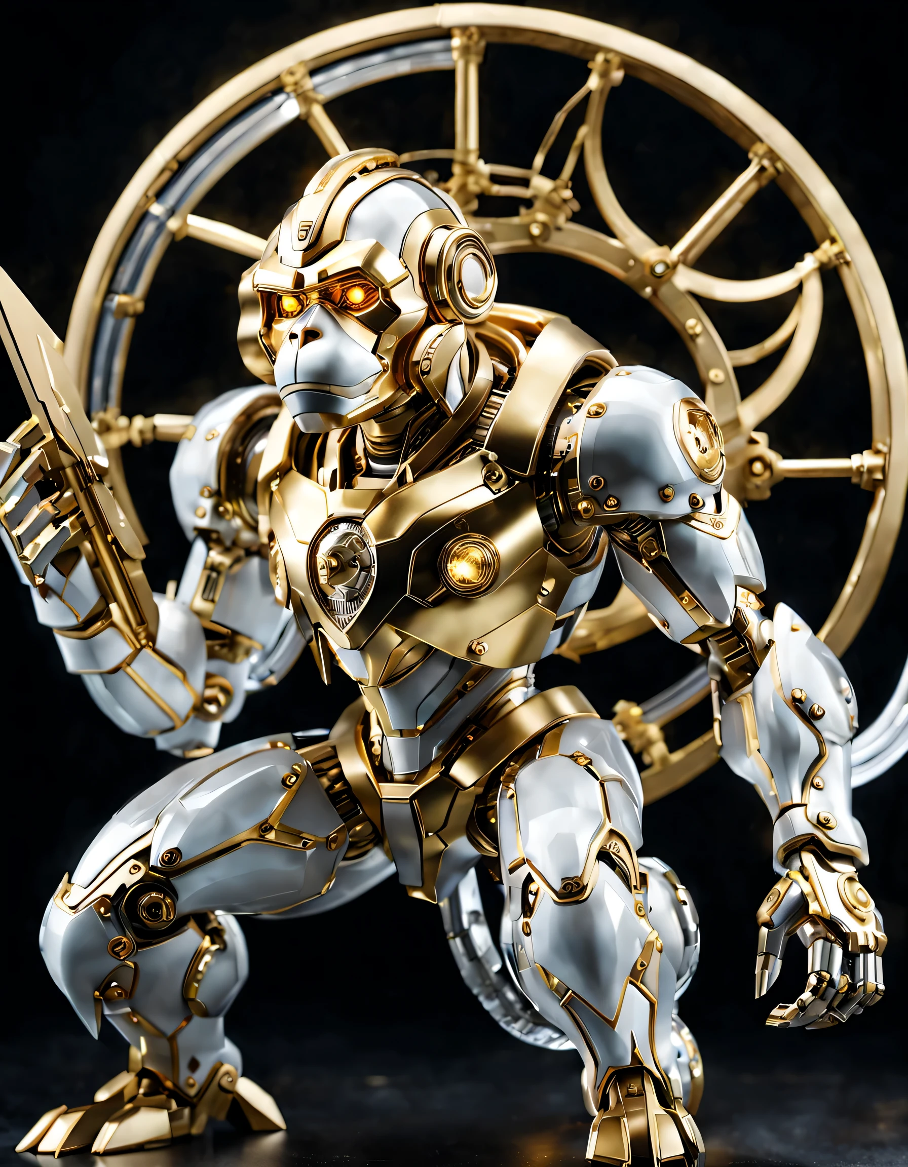 (full-body shot:1.5), (full view:1.5), personification,Pure black background, A platinum monkey transparent mecha stands on the ground，Get into a fighting stance,Exquisite white transparent glass mechanical armor, Metal mechanical mask, Precision luminous electronic eye,(The internal structure is complex and precise:1.2), Exquisite and complex golden mecha texture, (gold mechanical thread:1.2), (Well-designed, high detail, masterpiece, best quality, ultra high definition, Sharpen details, ,metallic feel),New Jersey RS