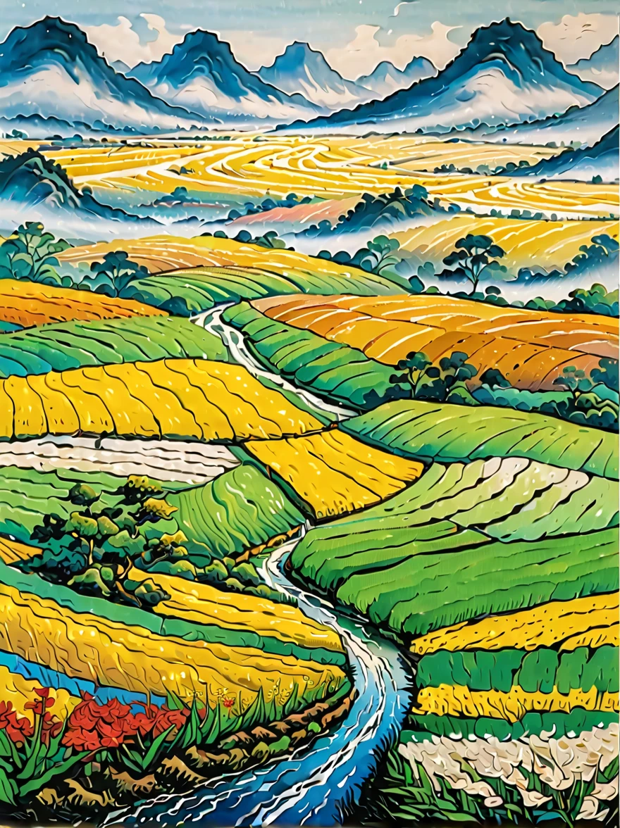 When you walk into this rice field，It&#39;s like being in a surreal dream。In front of you is a vast rice field，Golden rice swaying in the wind，The sun shines on it, making the entire rice field shine with a warm light。A row of colorful wildflowers grows on the edge of a rice field，They sway gently in the breeze，Like dancing a beautiful dance。

Standing on the edge of the rice field，You can see a group of birds singing happily in the wheat field，Their chirping is intertwined with the melodious sound of wind in the rice fields，constitutes a wonderful natural symphony。Occasionally a little bird flies up，Cut through the sky，Leave a beautiful curve，It seems to have painted an unparalleled picture of the sky。

There is a crystal clear stream flowing through the middle of the rice field.，The river is crystal clear，Reflecting the blue sky, white clouds and surrounding scenery，Like a living mirror。The river flows gently，Makes a pleasant sound of water，It&#39;s like nature has composed a beautiful piece of music for this land。

Mountains loom in the distance，Like an ink landscape painting。The mountains are surrounded by thin mis like a fairyland，Make the whole scene more mysterious and beautiful。

in this rice field，Everything is full of life and vitality，Every detail exudes a unique charm，It seems that nature shows us her most beautiful side。