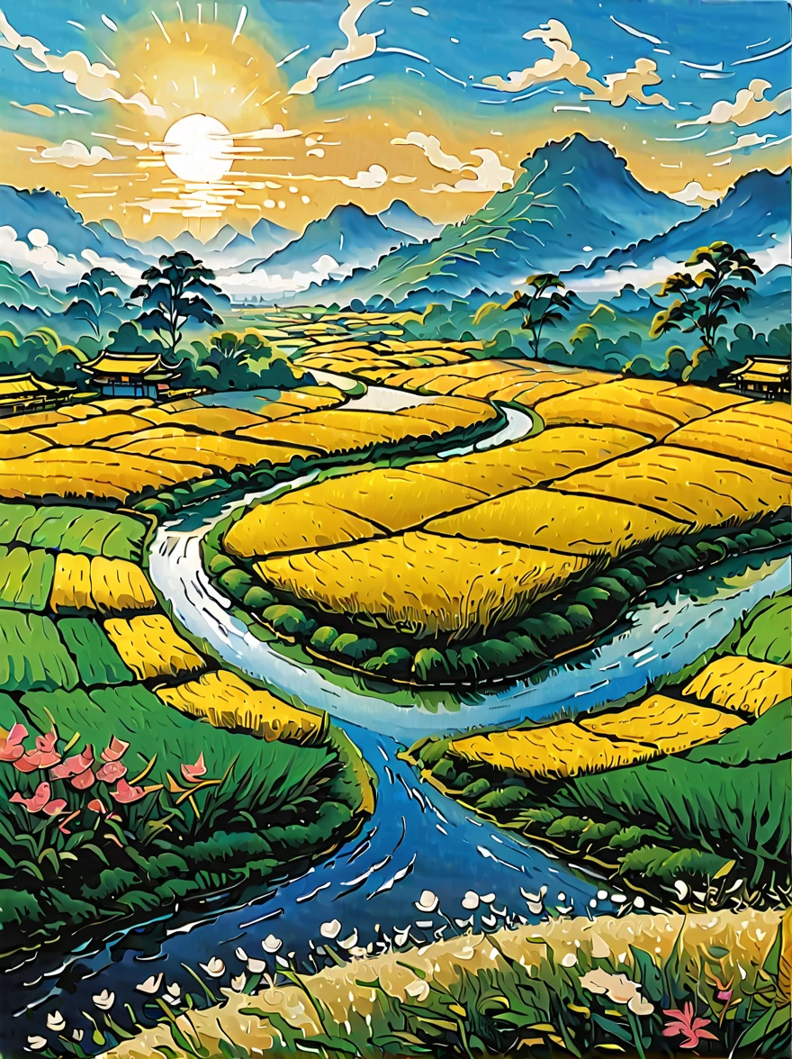 When you walk into this rice field，It&#39;s like being in a surreal dream。In front of you is a vast rice field，Golden rice swaying in the wind，The sun shines on it, making the entire rice field shine with a warm light。A row of colorful wildflowers grows on the edge of a rice field，They sway gently in the breeze，Like dancing a beautiful dance。

Standing on the edge of the rice field，You can see a group of birds singing happily in the wheat field，Their chirping is intertwined with the melodious sound of wind in the rice fields，constitutes a wonderful natural symphony。Occasionally a little bird flies up，Cut through the sky，Leave a beautiful curve，It seems to have painted an unparalleled picture of the sky。

There is a crystal clear stream flowing through the middle of the rice field.，The river is crystal clear，Reflecting the blue sky, white clouds and surrounding scenery，Like a living mirror。The river flows gently，Makes a pleasant sound of water，It&#39;s like nature has composed a beautiful piece of music for this land。

Mountains loom in the distance，Like an ink landscape painting。The mountains are surrounded by thin mis like a fairyland，Make the whole scene more mysterious and beautiful。

in this rice field，Everything is full of life and vitality，Every detail exudes a unique charm，It seems that nature shows us her most beautiful side。