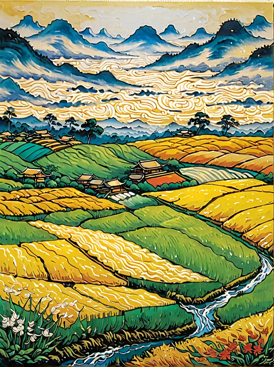 You walked into a surreal dream,In the vast rice fields,Golden rice swaying in the wind under the warm sunshine,Let the rice fields sparkle。There is a row of vibrant wildflowers at the edge of the field,dancing in the breeze。Birds chirping happily in the fields,Their songs mingle with the whispering wind,played a symphony。Occasionally,A bird spreads its wings and soars,Draw a beautiful curve in the sky,Like a beautiful painting of the sky。A clear stream flows through the middle of the field,Reflecting the blue sky and surrounding scenery like a mirror,The gentle flow of water makes a soothing sound。The distant mountains show through the mist,Adds a mysterious and beautiful background to the scene。The whole rice field is full of vitality,Every detail exudes a unique charm,It’s as if nature is showing her most beautiful side。