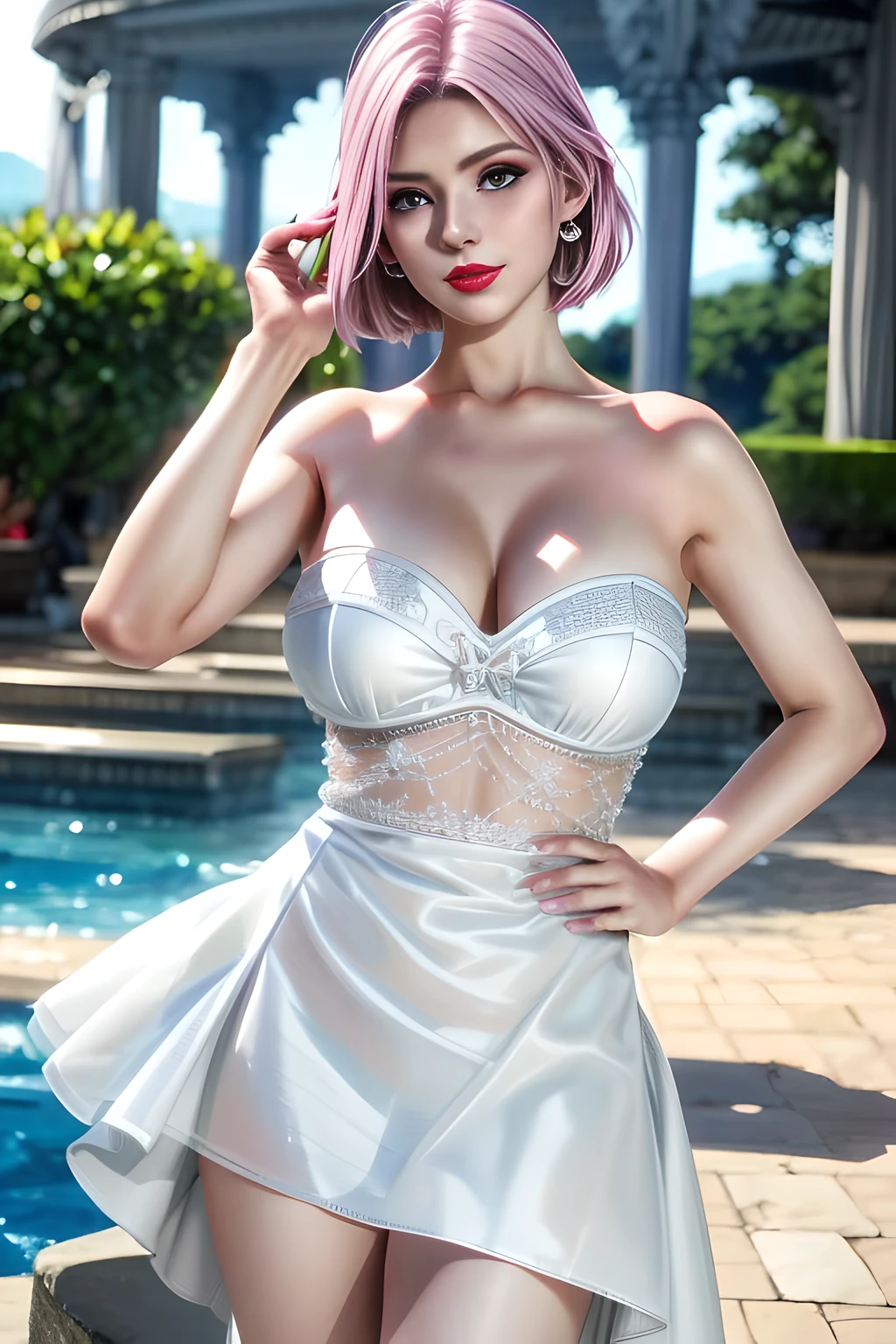 1 girl,Alice,(pajamas),(White strapless dress:1.4),Outdoor activities, (standing posture),grace,(((red lips))), Lips slightly open, clavicle,Lactation,(huge breasts:1.3),skin shiny,((8k, original photo, top quality, masterpiece), HD RAW color photos professional close-up photos, (actual, photorealism: 1.37), (best quality),8k,Fabric luster,alone,
