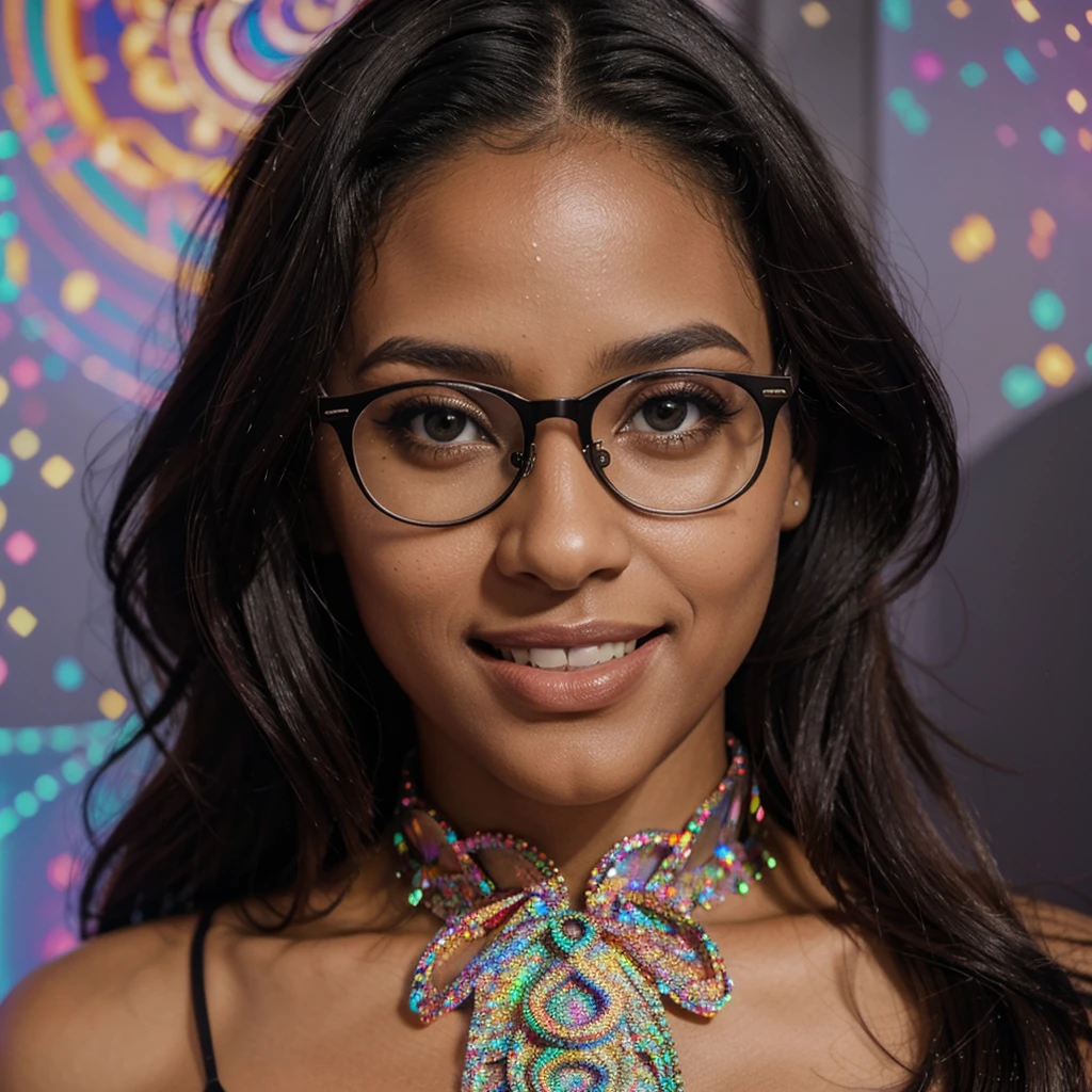   negra , Eyeglasses, olhos delicados e detalhados, sorriso delicado e detalhados, opalescente, Perolescente, Holographic,  fundo escuro