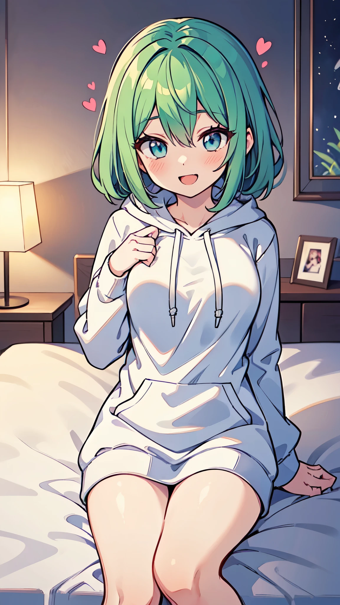 ((A Pretty girl with green hair and blue eyes lying on the bed)), ((wearing white hoodie)), ((heart sign)), Baby face, ((master piece, top-quality, ultra-definition, high resolution)), anime girl, ((ultra-detailed illust:1.2)), only one person, bangs, hair between eye, beautiful hair, Beautiful eyes, Medium breasts, thighs, Big smile, opened mouth, in the bedroom